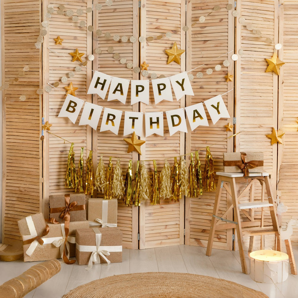 Toile de Fond "Joyeux Anniversaire" avec Volets en Bois et Étoiles RR5-42