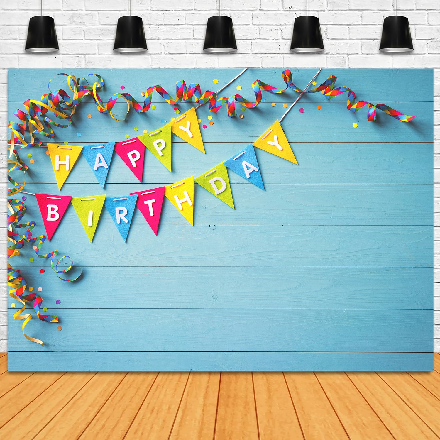 Toile de Fond "Joyeux Anniversaire" Bleu et Bois RR5-44