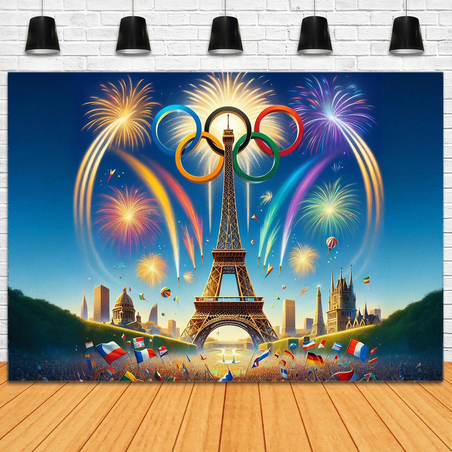 Tour Eiffel Olympique Cinq Anneaux Feux d'Artifice Toile de fond RR6-18
