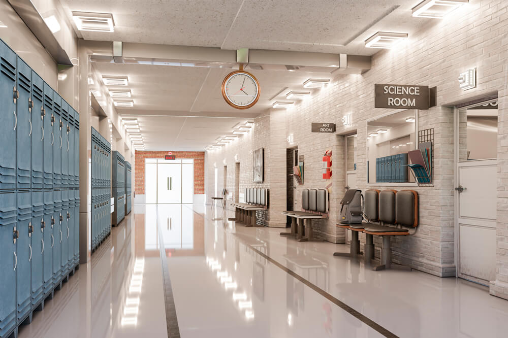 Toile de fond couloir de lycée casiers et salle de classe RR6-32