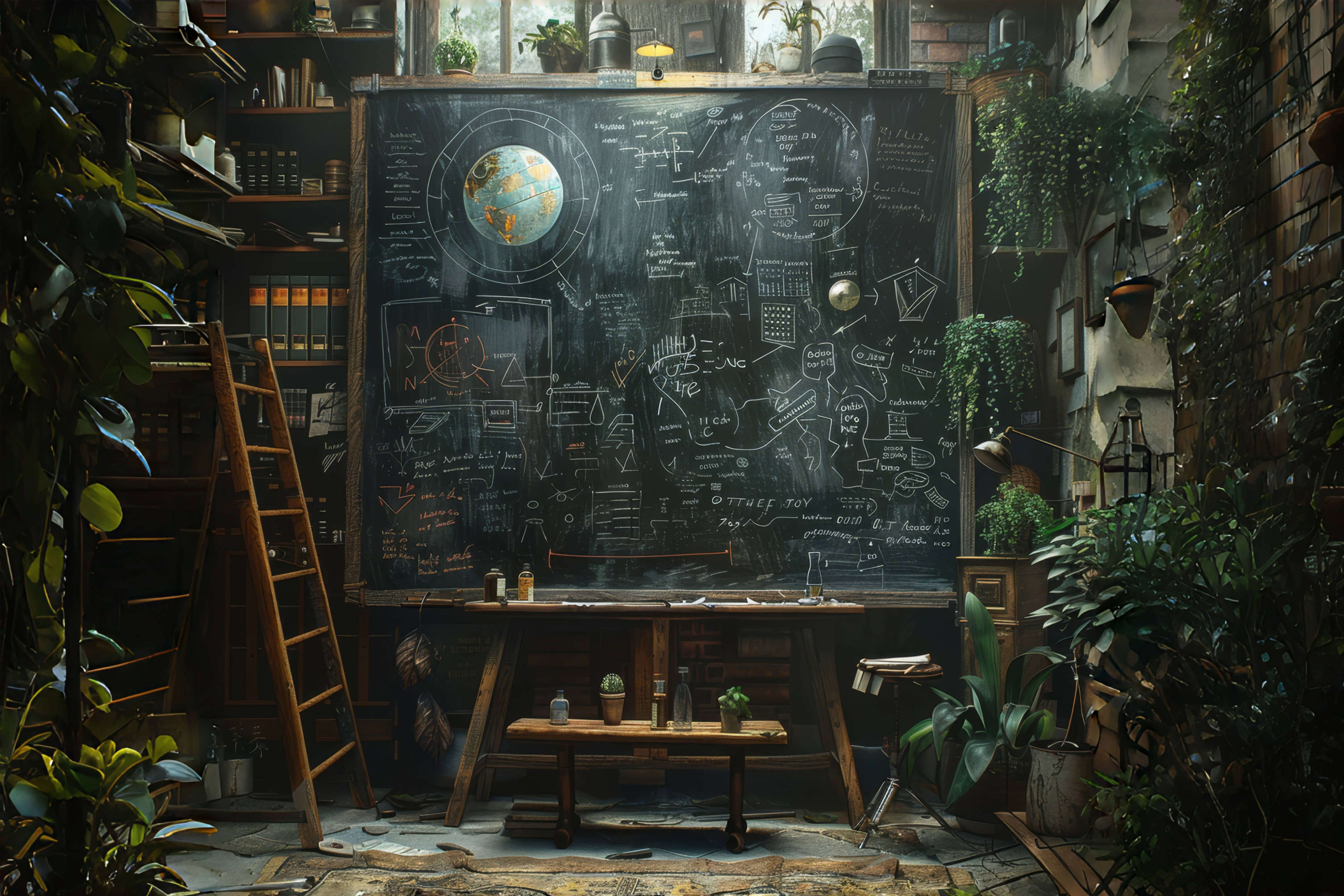 Toile de fond étagère vintage tableau noir salle d'étude RR6-43