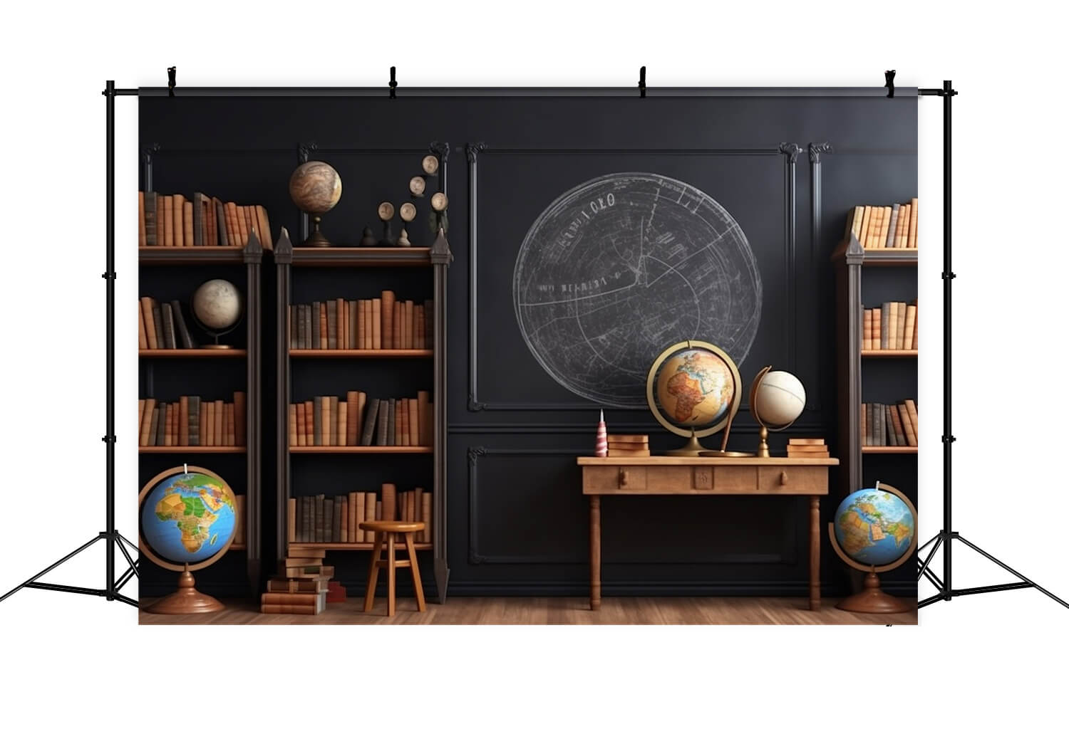Toile de fond étagère avec globes retour à l'école classe RR6-44