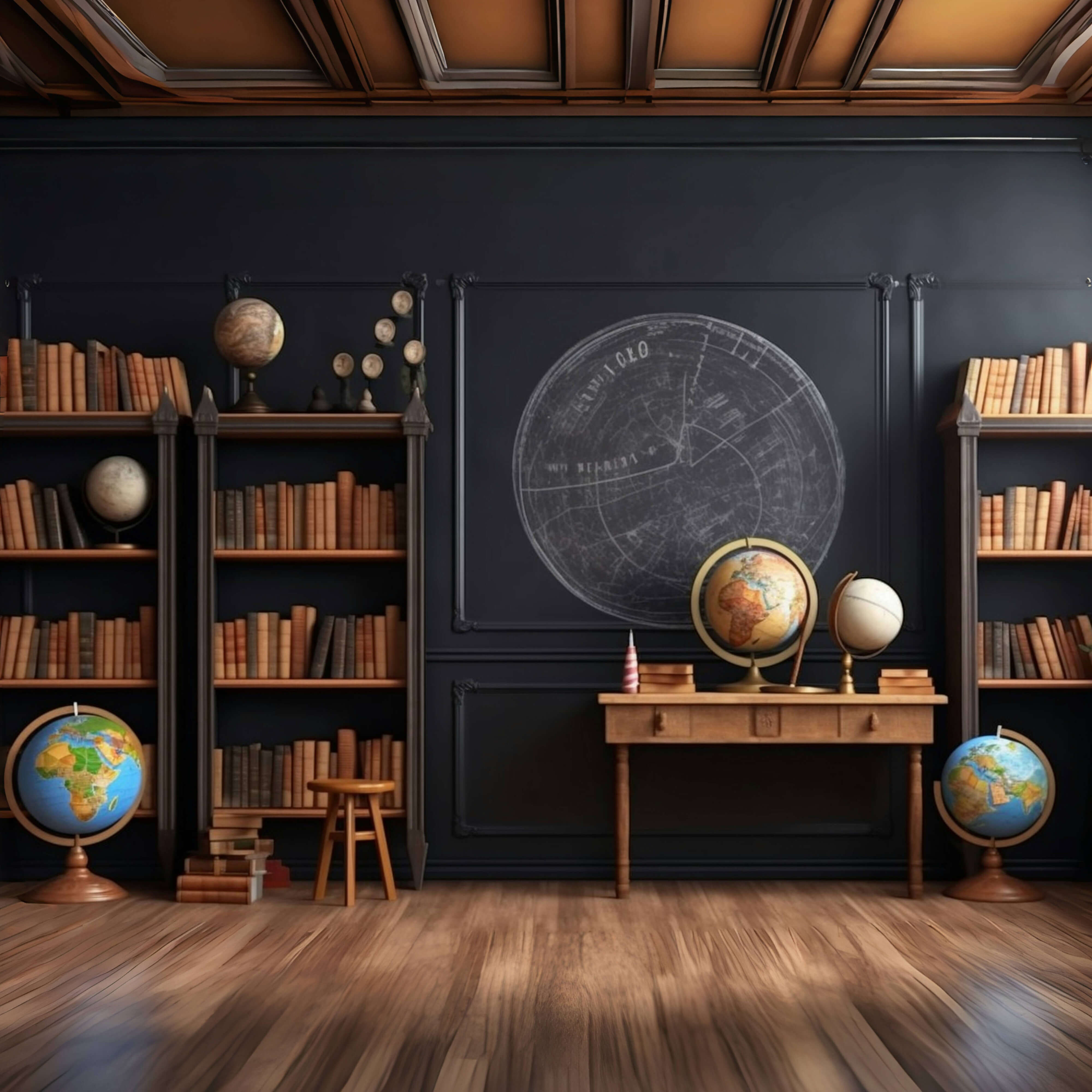Toile de fond étagère avec globes retour à l'école classe RR6-44