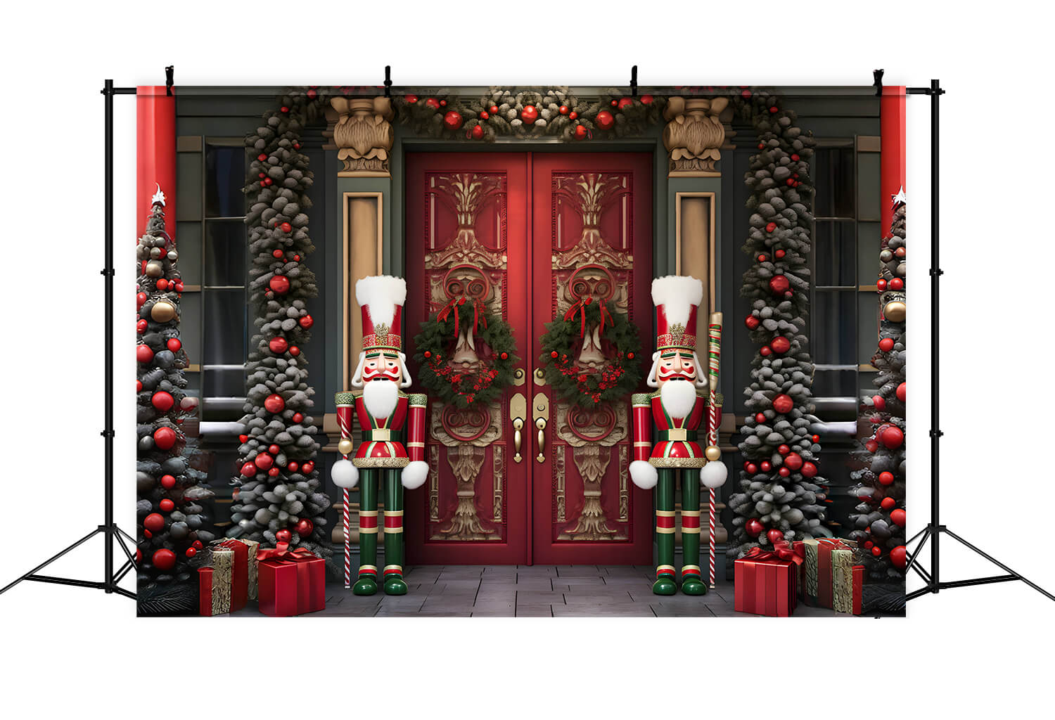 Toile de fond arbres de Noël maison porte casse-noisette RR6-54