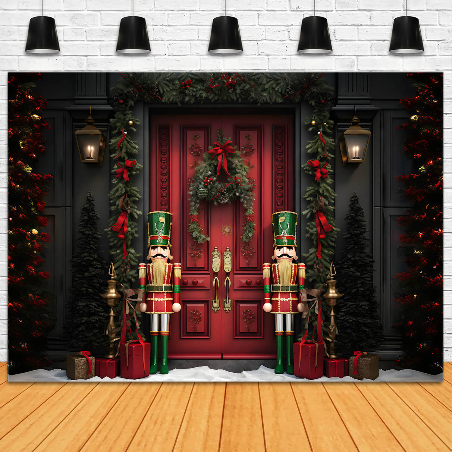 Toile de fond porte de maison de Noël neige casse-noisette RR6-57