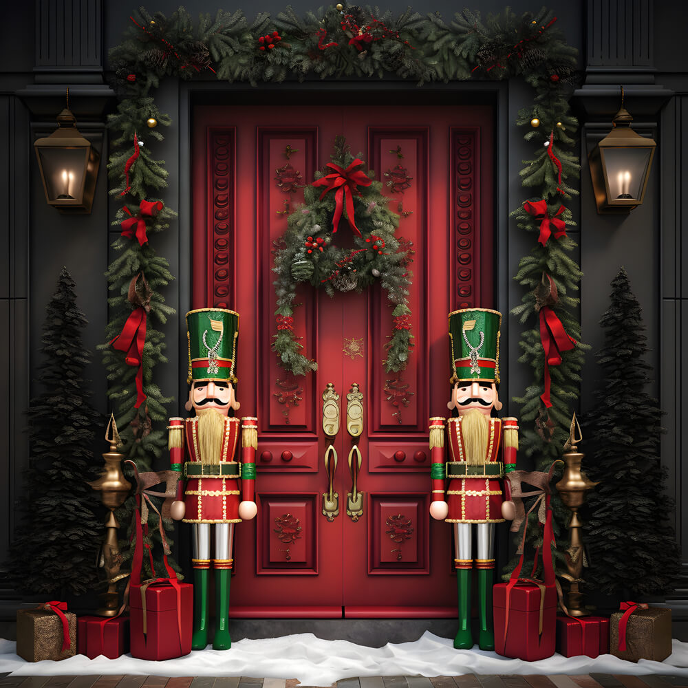 Toile de fond porte de maison de Noël neige casse-noisette RR6-57
