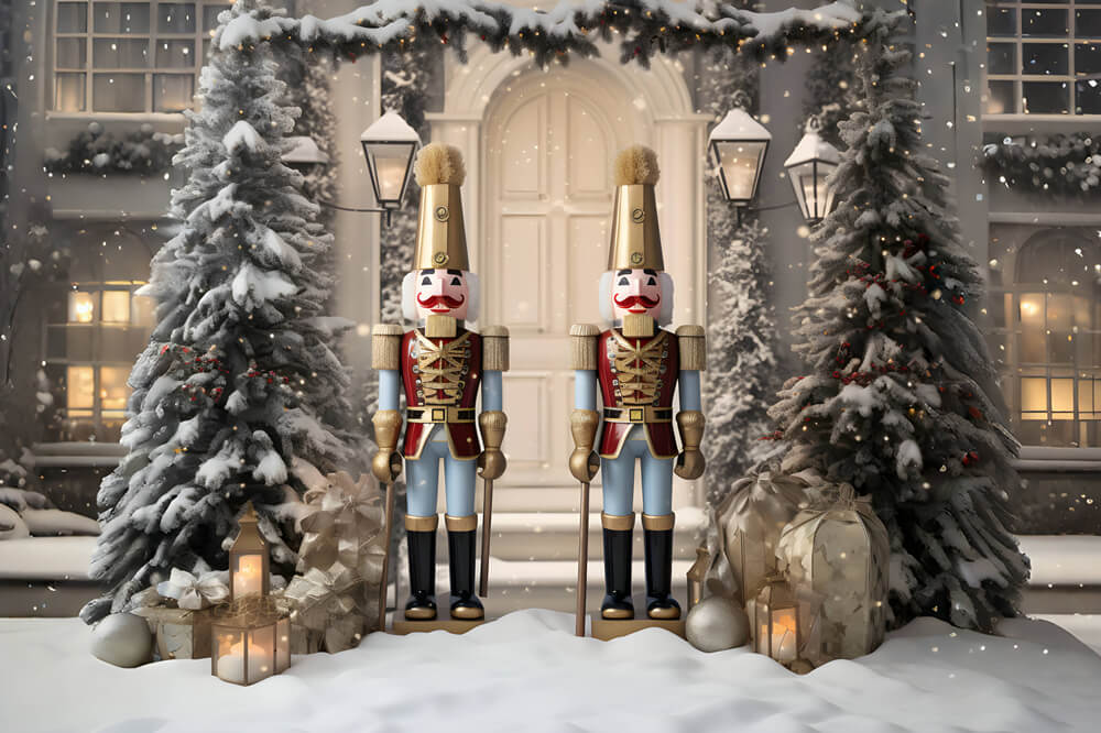 Toile de fond arbre de Noël enneigé maison casse-noisette RR6-58