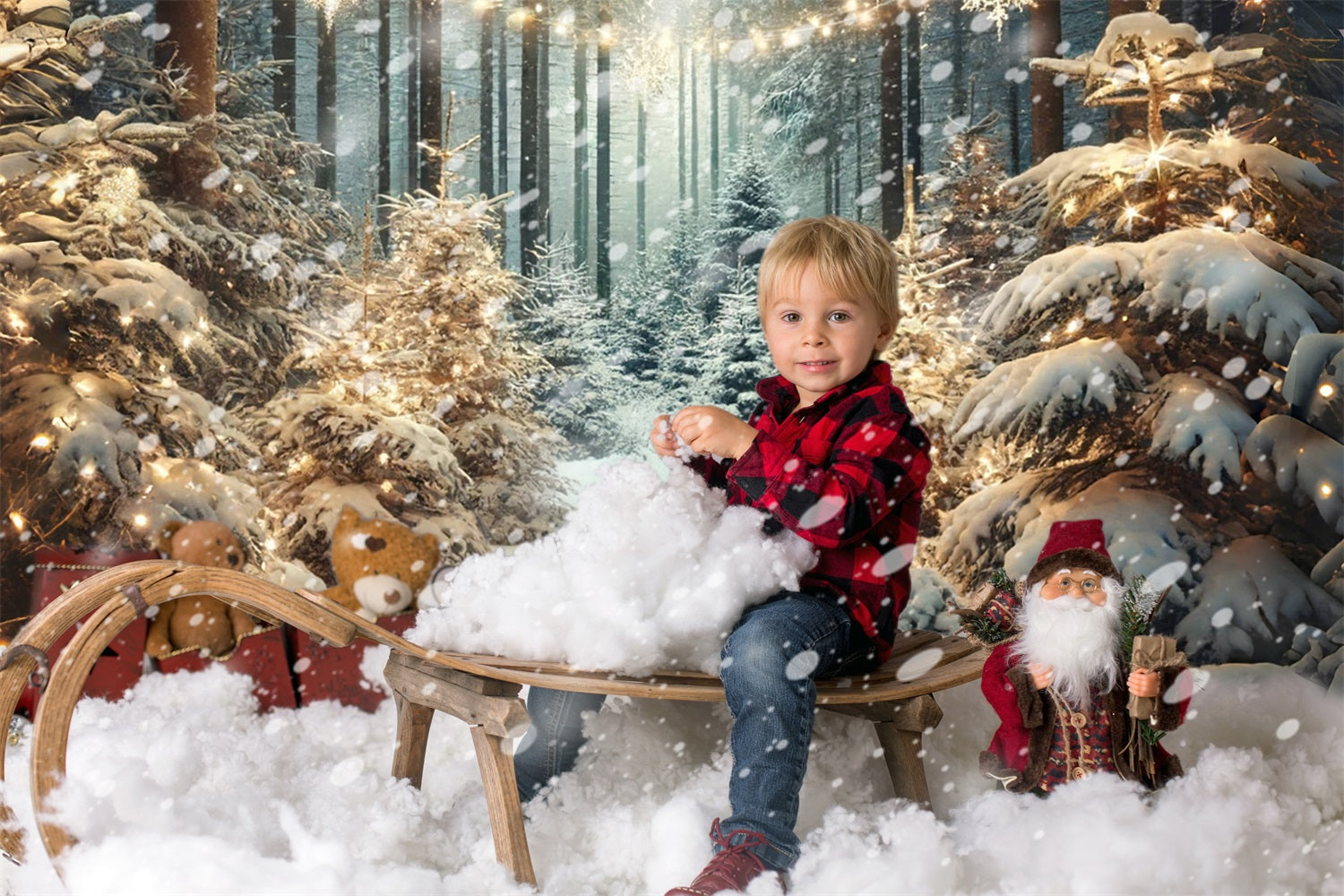 Toile de fond lumière flocons de neige forêt enneigée d'hiver RR6-60