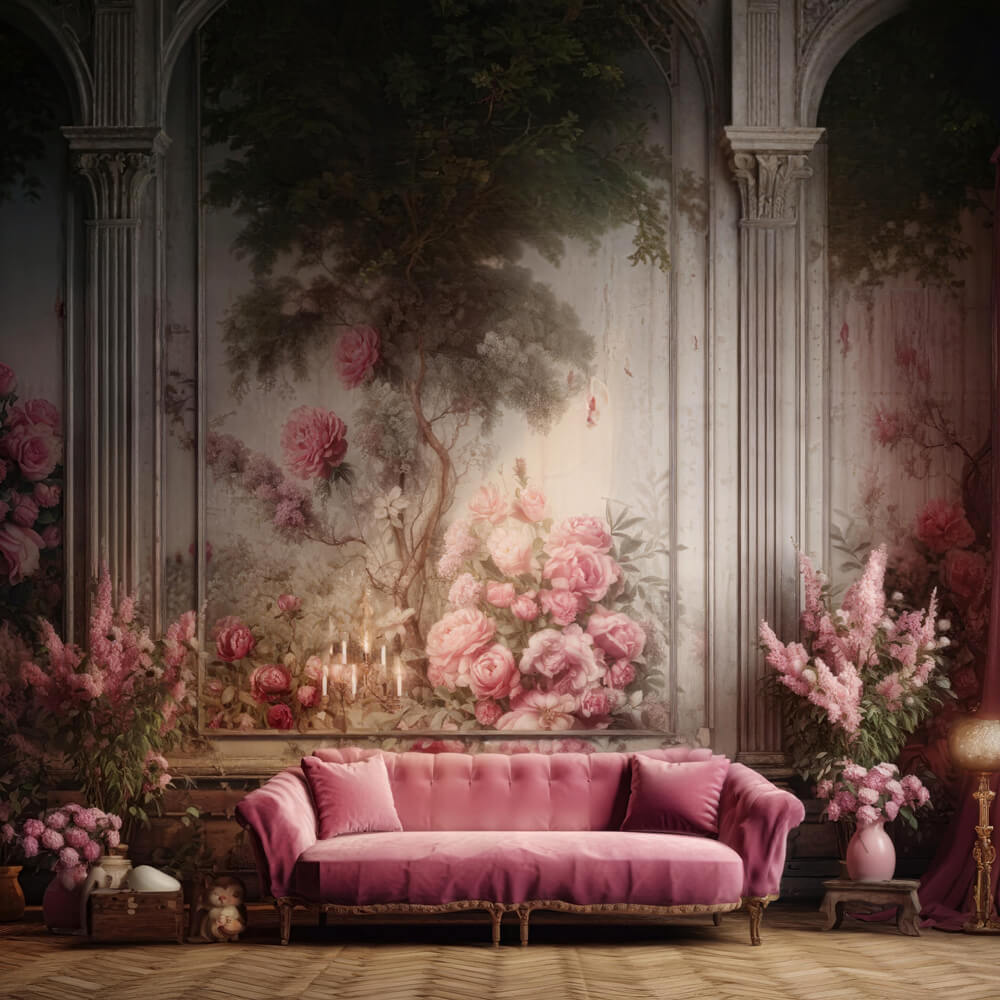 Toile de fond salon mur rétro canapé rose floral RR6-62