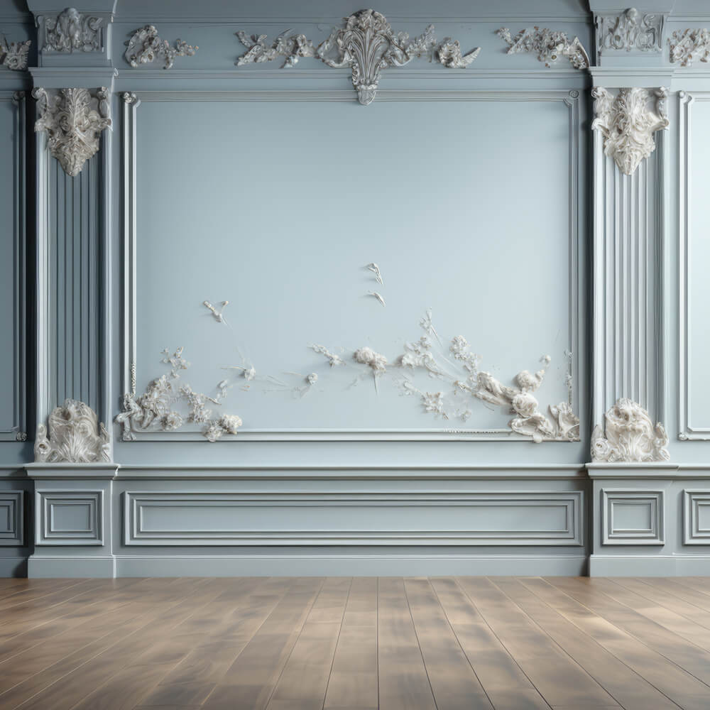 Toile de fond Mural Chic Rétro Bleu Clair avec Sol en Bois RR6-84