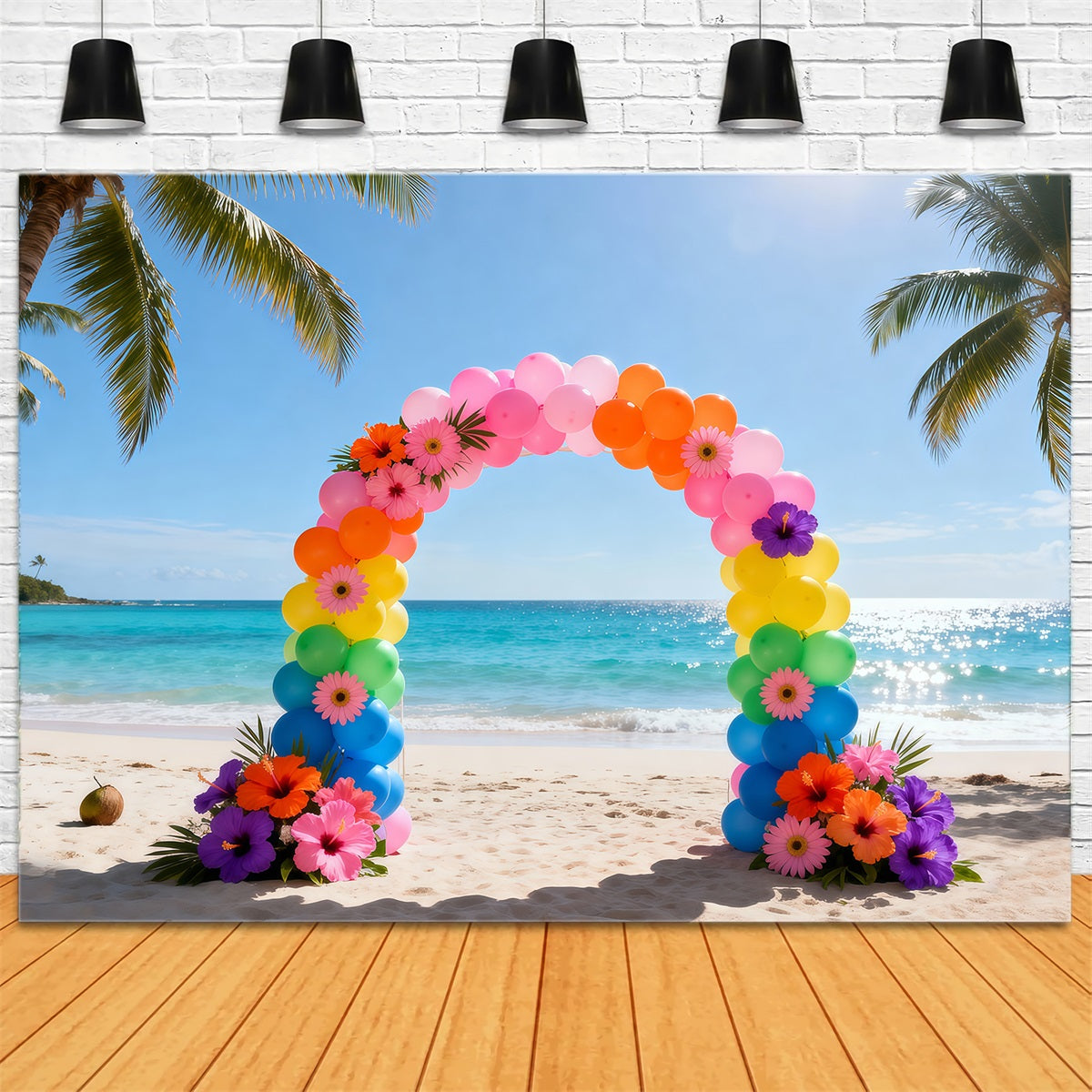 Fond Photo Plage Arche Ballons Arc-En-Ciel Fleurs RR61-1