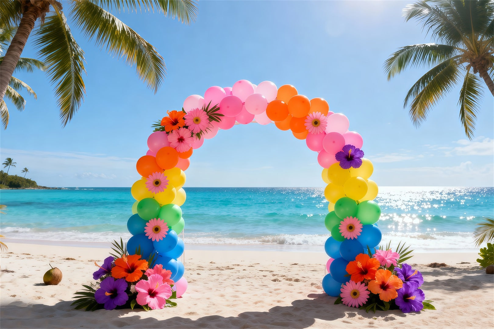 Fond Photo Plage Arche Ballons Arc-En-Ciel Fleurs RR61-1