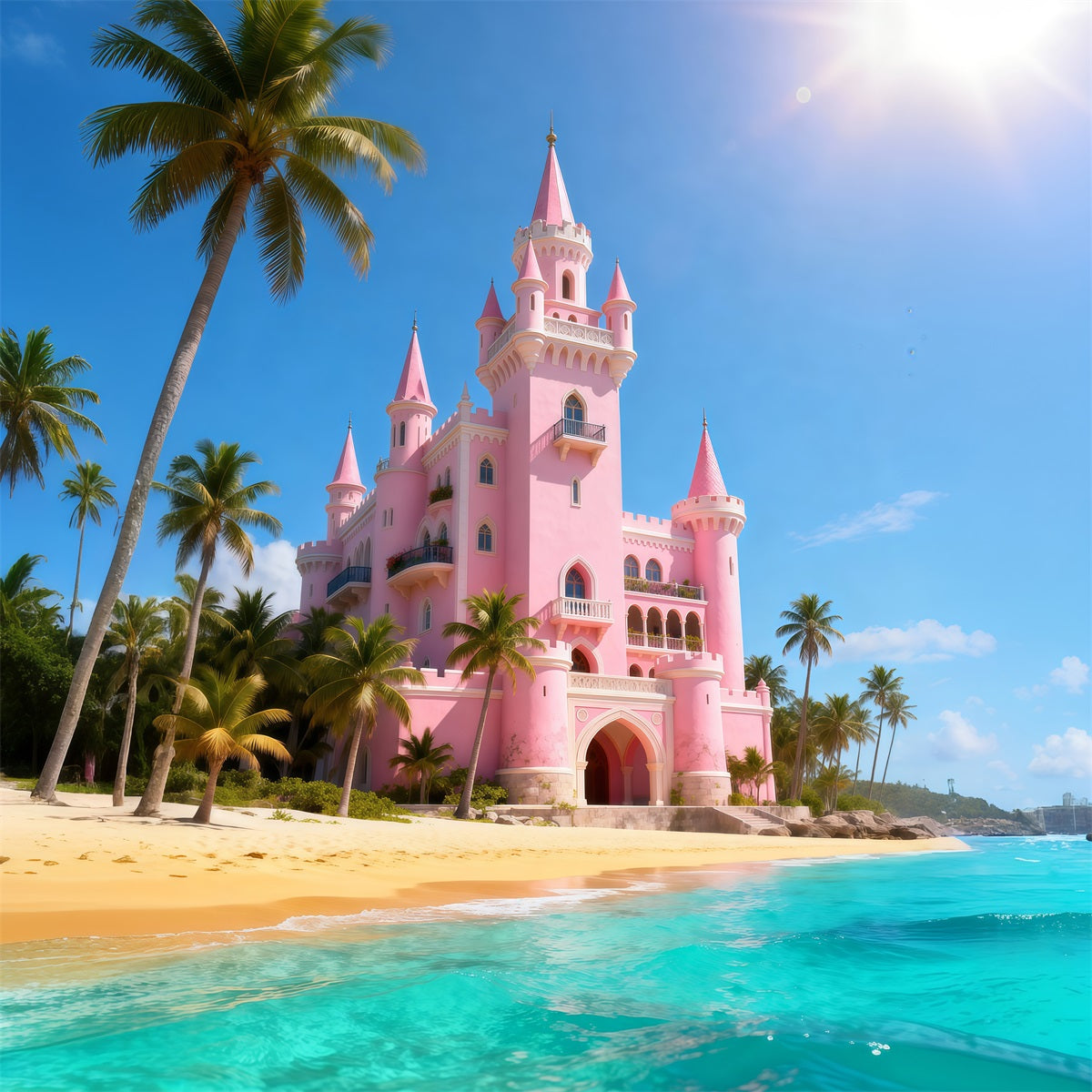 Fond Photo de Plage Château Rose Palmiers RR61-11