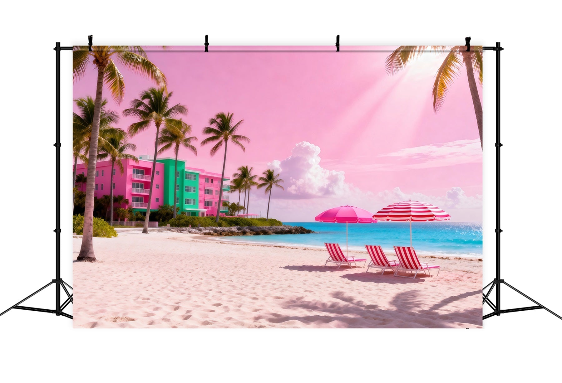 Toile de fond de Mer Retraite Parasols Océan Rose RR61-16