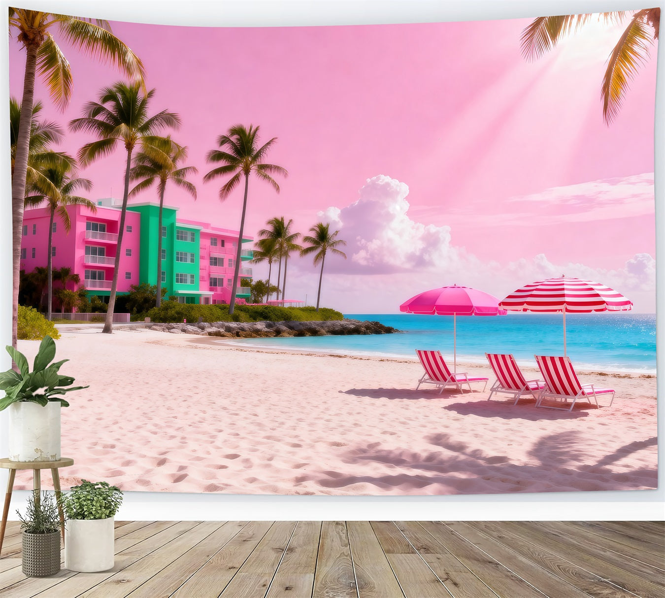 Toile de fond de Mer Retraite Parasols Océan Rose RR61-16
