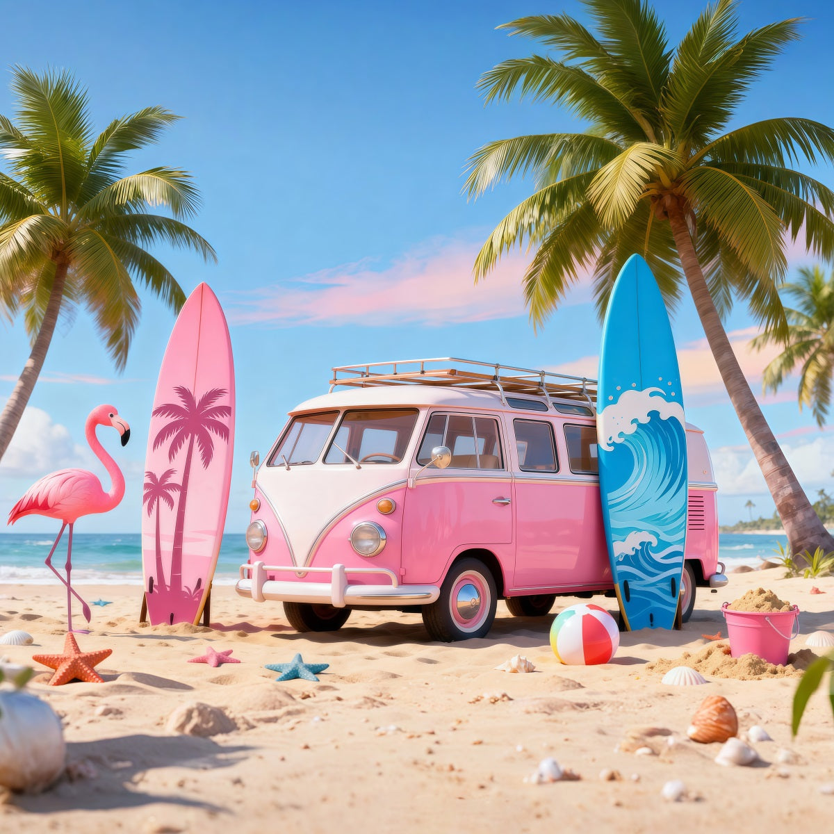 Fond Photo de Plage Van Rose Flamant Planche Surf RR61-19