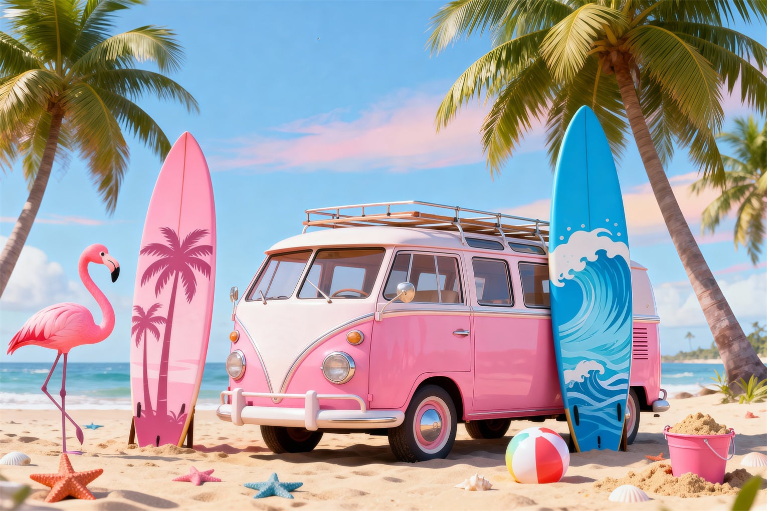 Fond Photo de Plage Van Rose Flamant Planche Surf RR61-19
