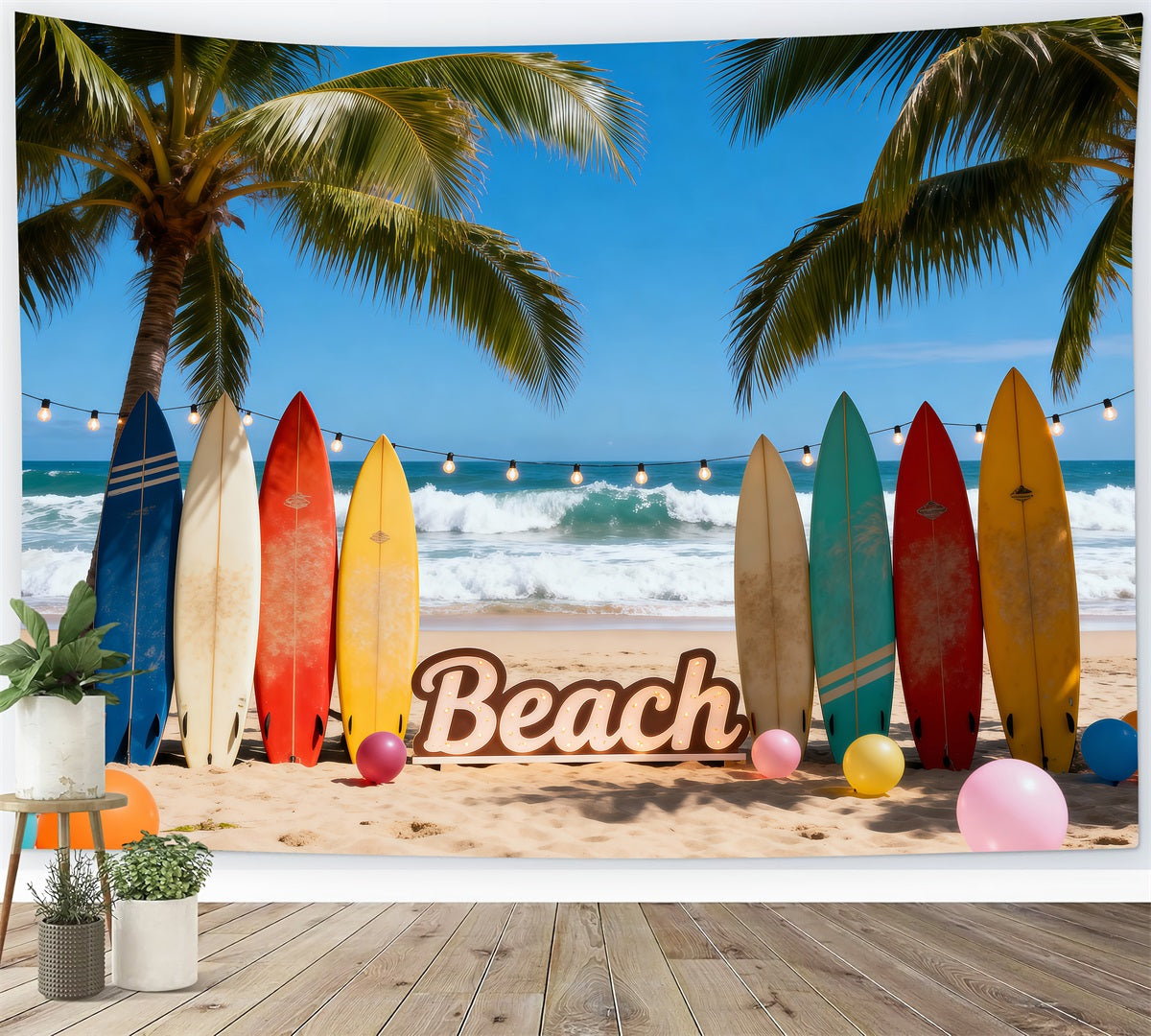 Fond Photo Plage Mer Planches Surf Colorées Ballons Amusants RR61-20