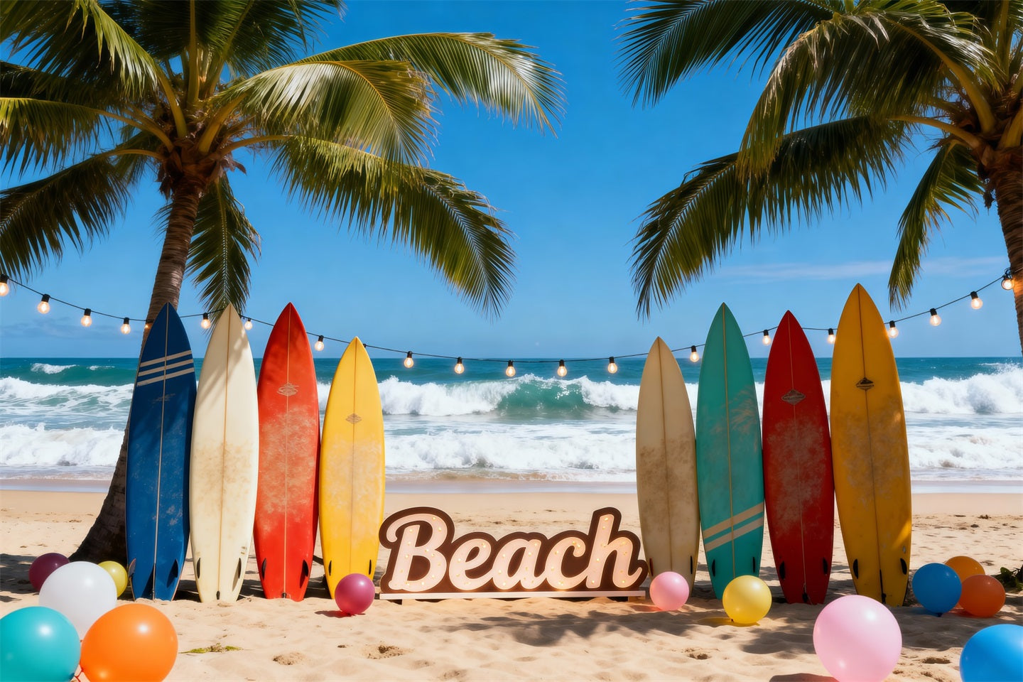 Fond Photo Plage Mer Planches Surf Colorées Ballons Amusants RR61-20