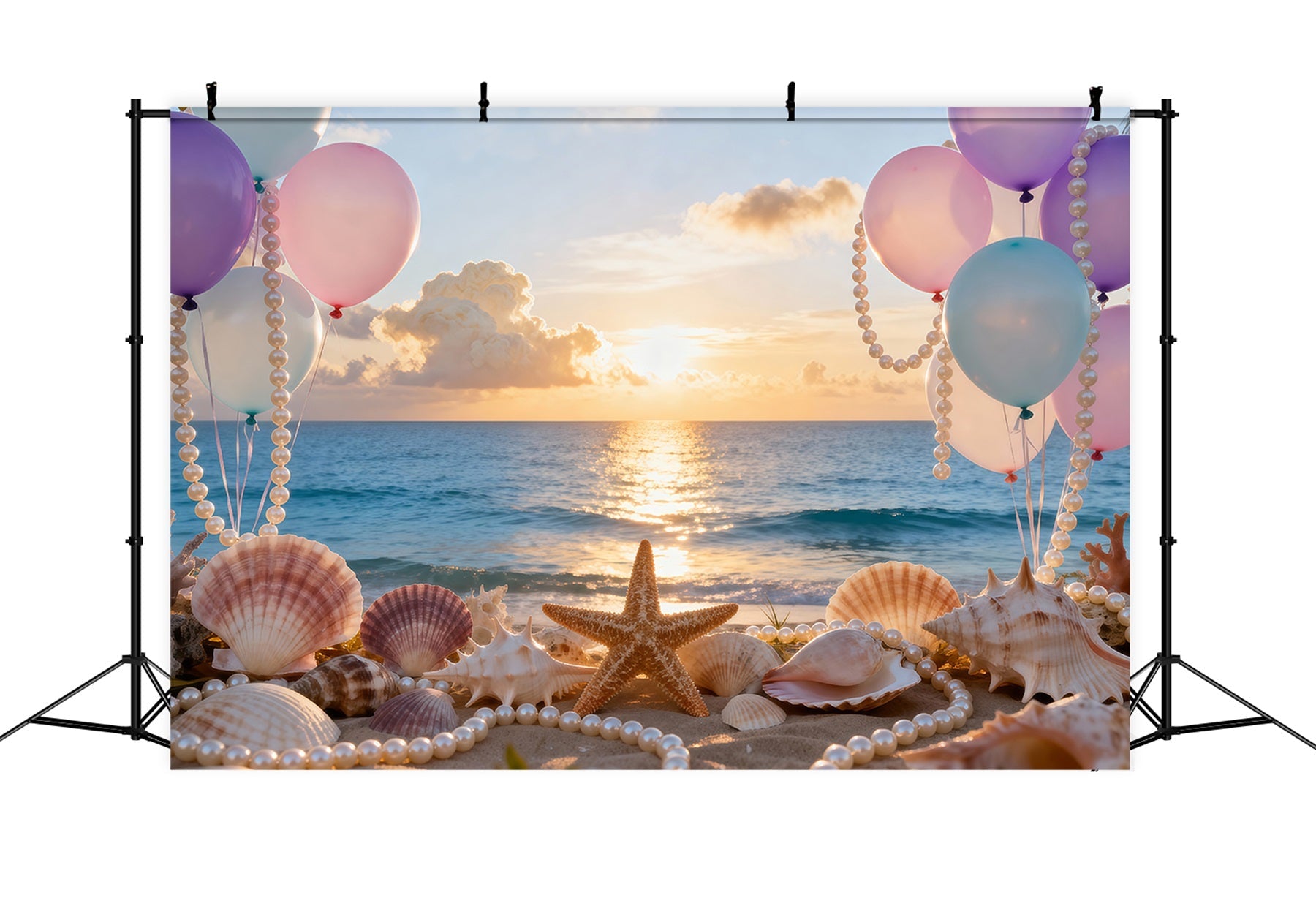 Toile de fond Plage Ballons Coquillages Vue Coucher De Soleil RR61-29