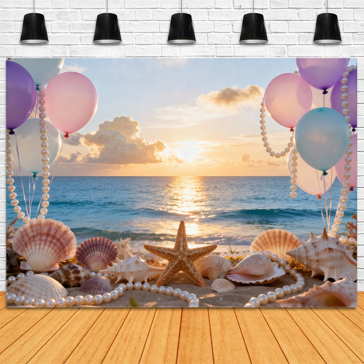 Toile de fond Plage Ballons Coquillages Vue Coucher De Soleil RR61-29