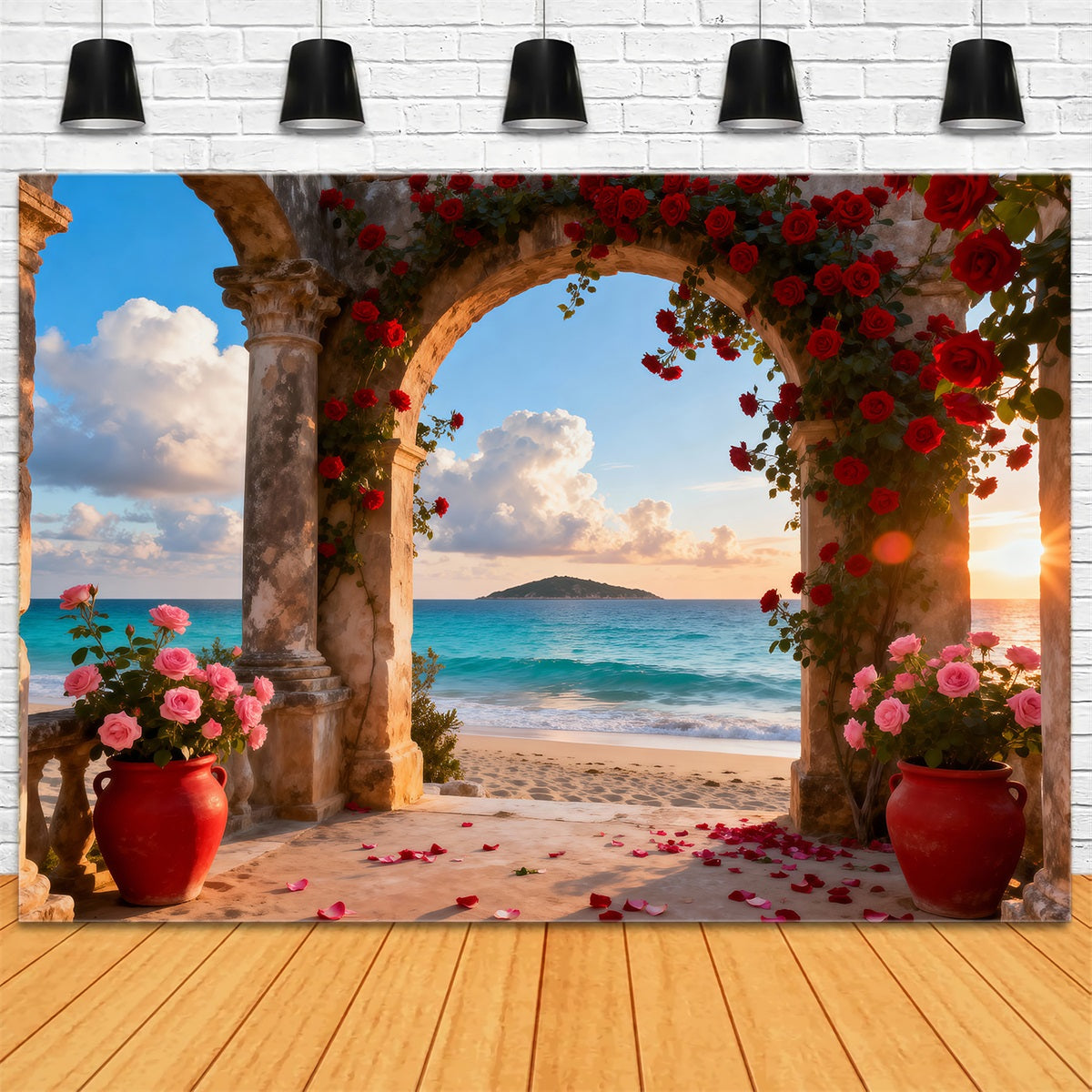 Toile de fond de Plage Arche Roses Romantique Océan RR61-30