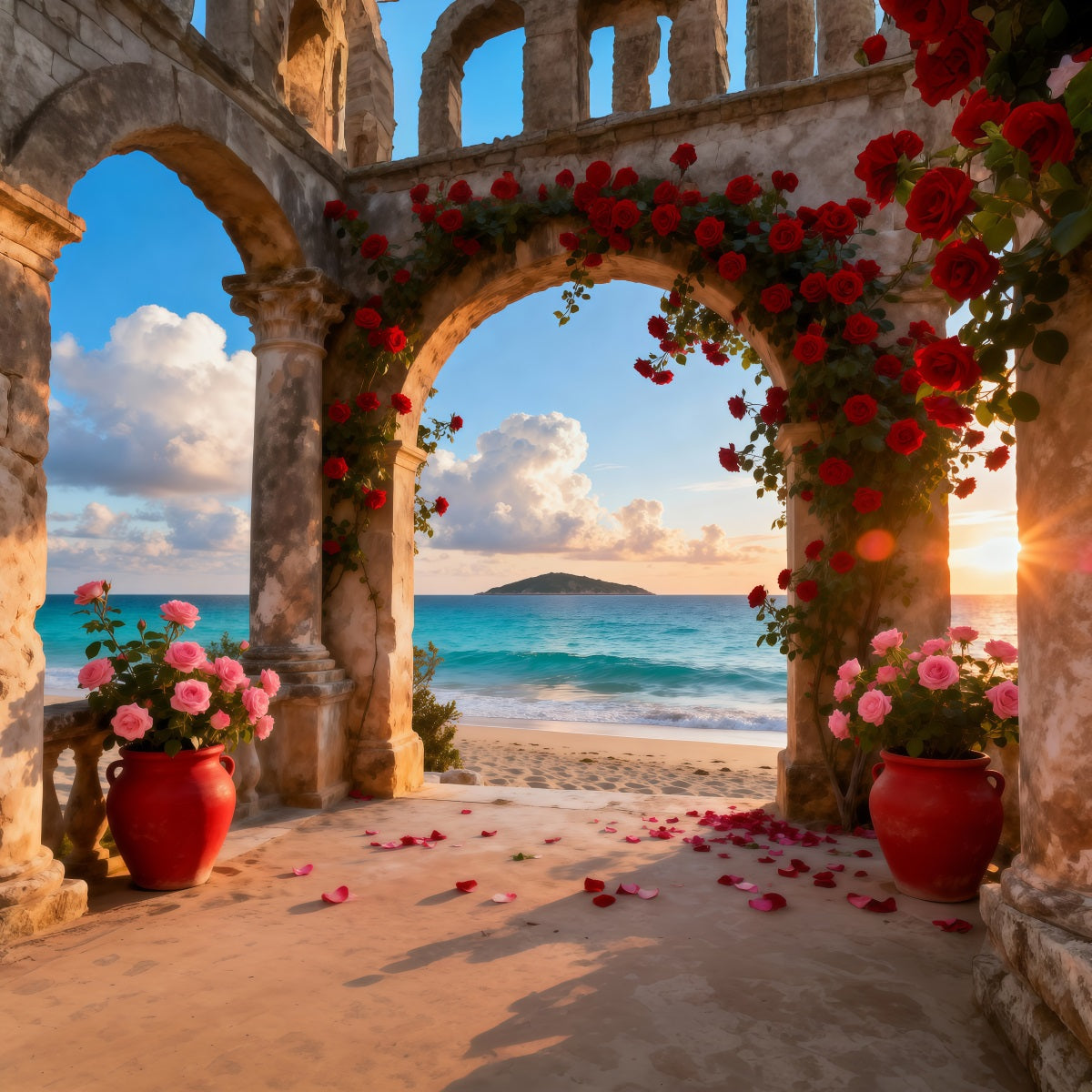 Toile de fond de Plage Arche Roses Romantique Océan RR61-30