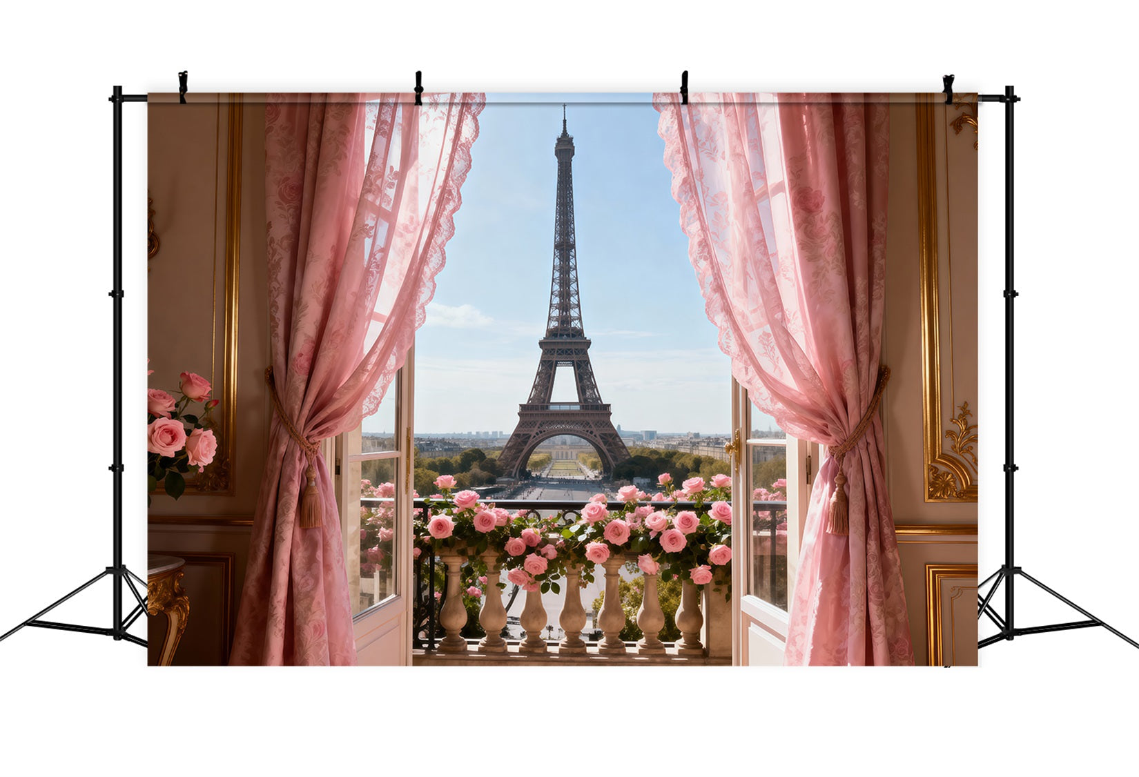 Fond Studio Photo Paris Balcon Rideau Rose Romance RR61-34