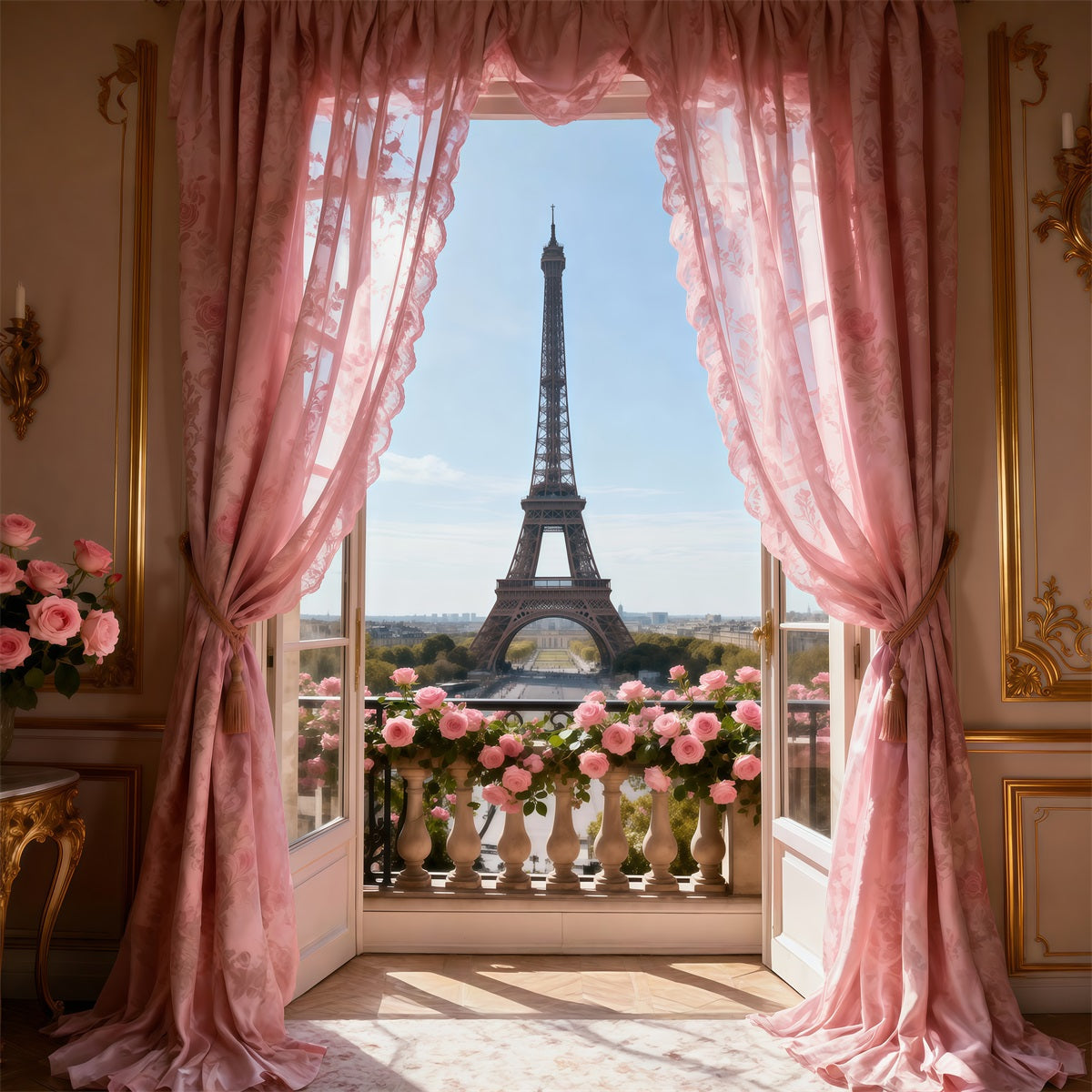 Fond Studio Photo Paris Balcon Rideau Rose Romance RR61-34