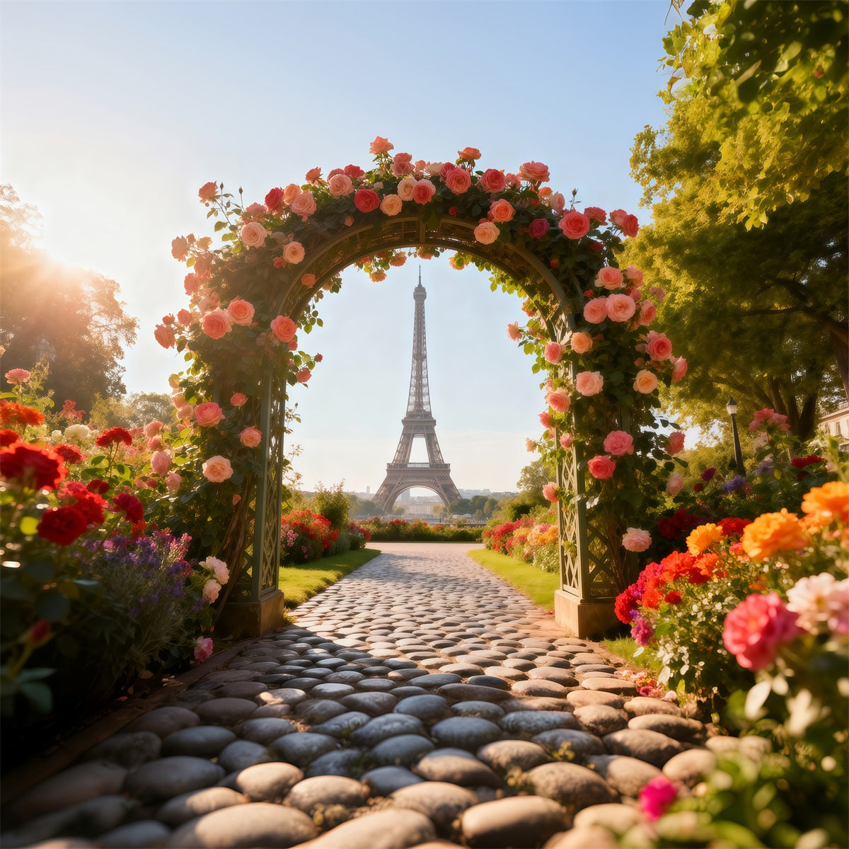 Toile de fond Photo Paris Allée Arche Florale Jardin Roses RR61-35