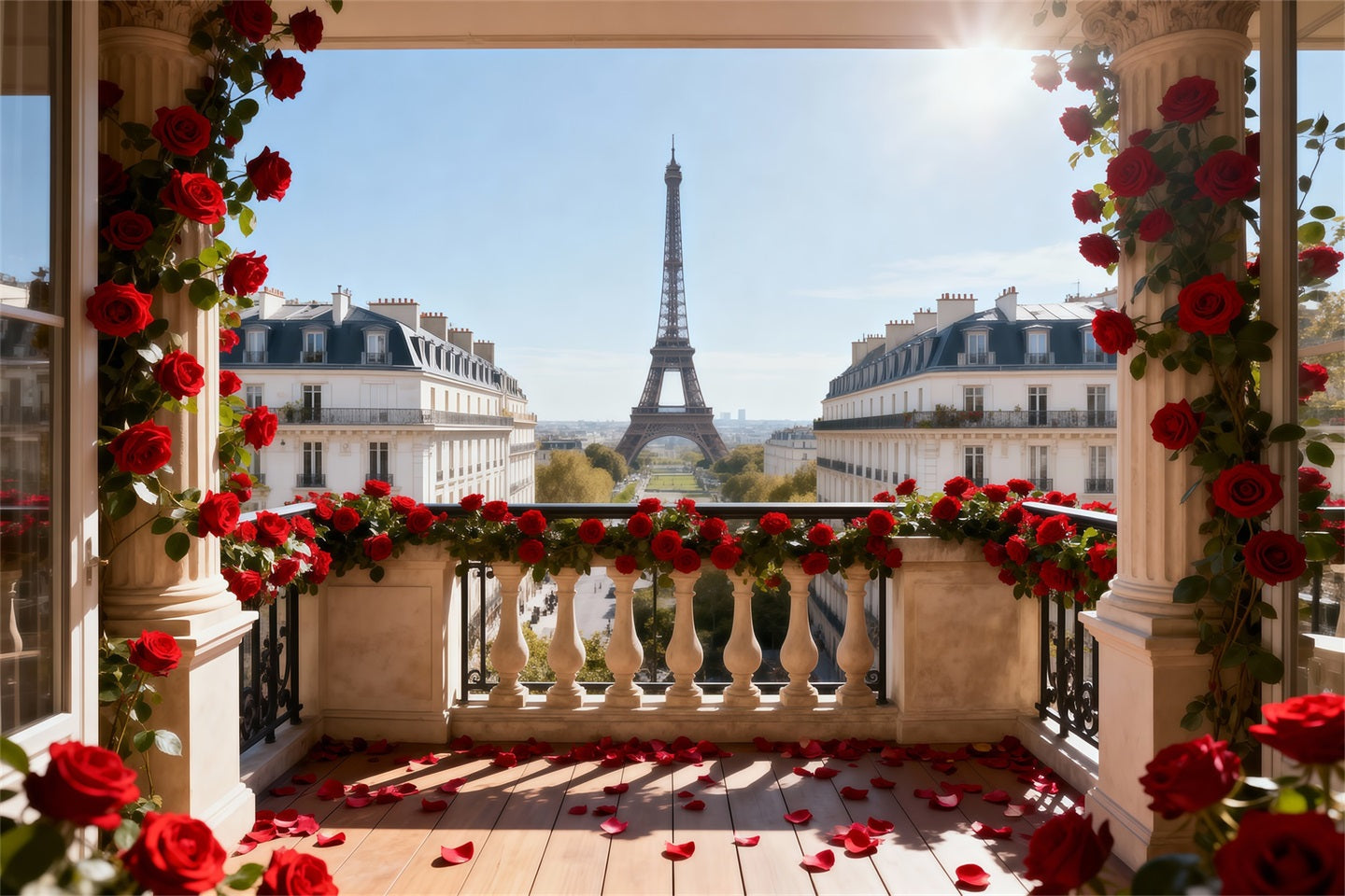 Fond Studio Photo Tour Eiffel Balcon Roses Rouges Romance RR61-38