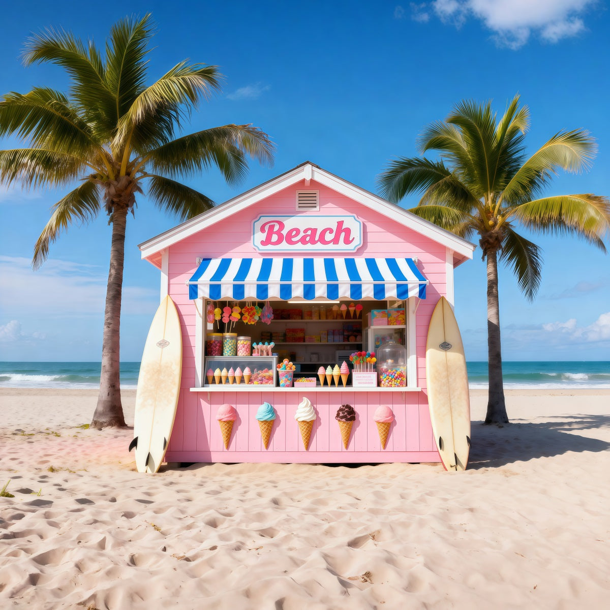 Fond Photo Plage Mer Cabane Glaces Rose RR61-4