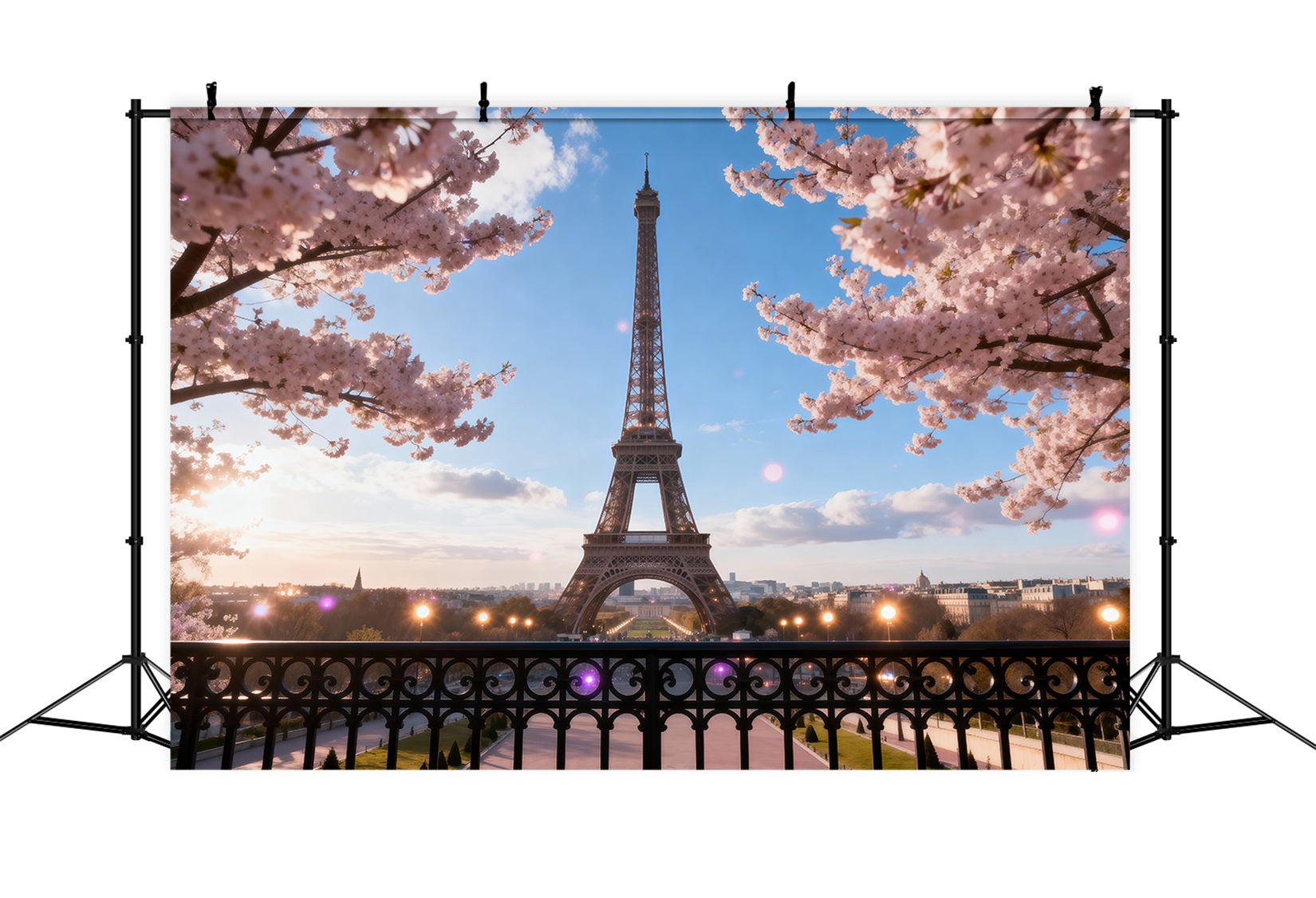 Fond Studio Photo Tour Eiffel Balcon Fleurs Cerisier Crépuscule RR61-46