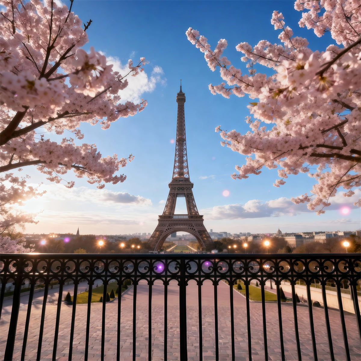 Fond Studio Photo Tour Eiffel Balcon Fleurs Cerisier Crépuscule RR61-46
