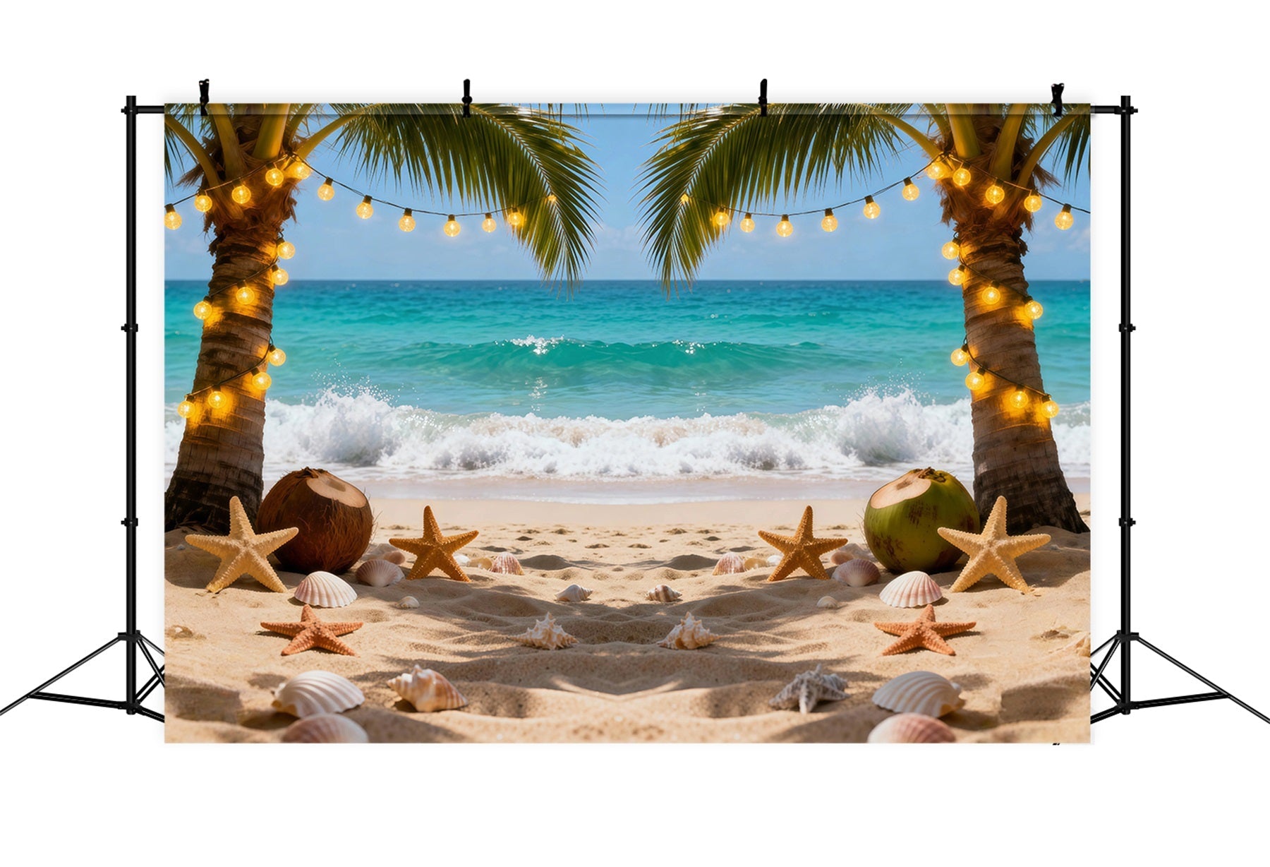 Toile de fond Plage Palmiers Nuit Guirlandes Lumineuses RR61-5