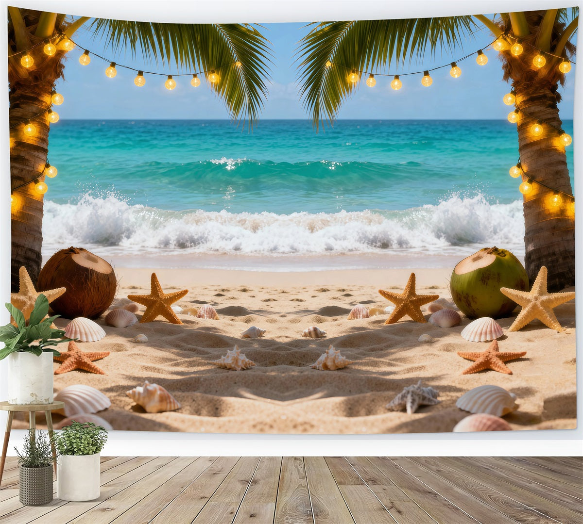Toile de fond Plage Palmiers Nuit Guirlandes Lumineuses RR61-5