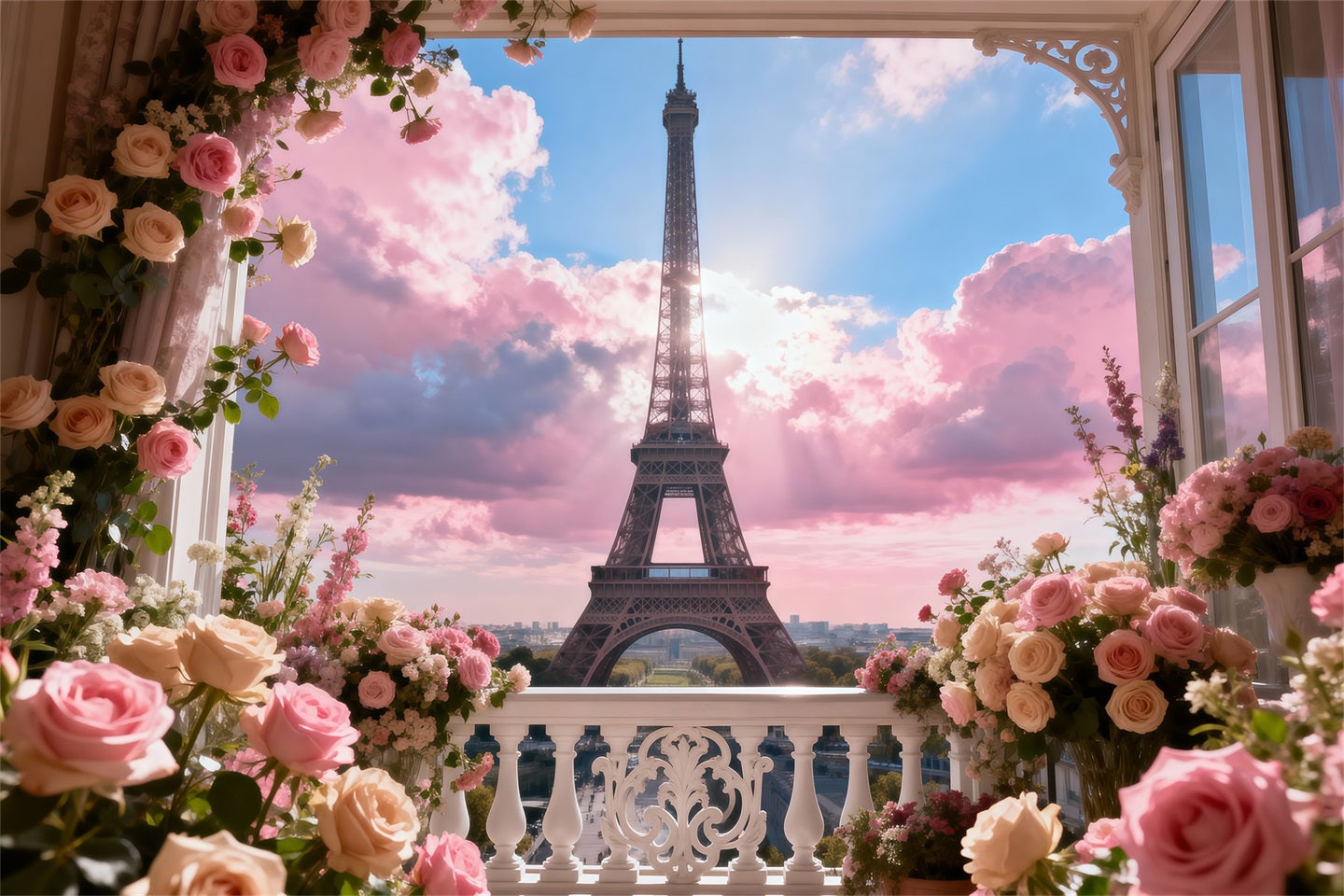 Toile de fond Paris Balcon Jardin Pastel Ciel RR61-53