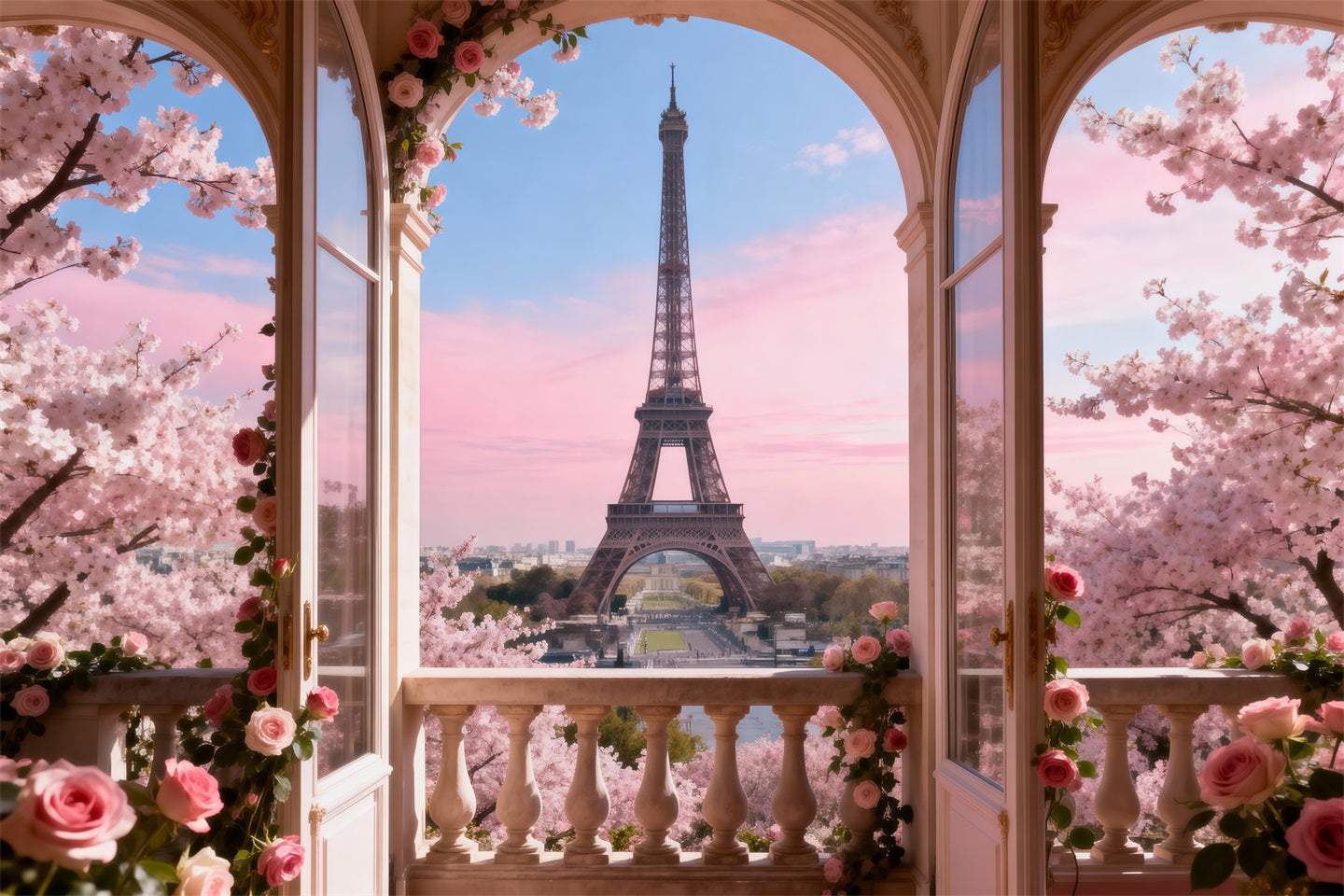 Fond Studio Photo Tour Eiffel Balcon Fleurs Pastel Matin RR61-54