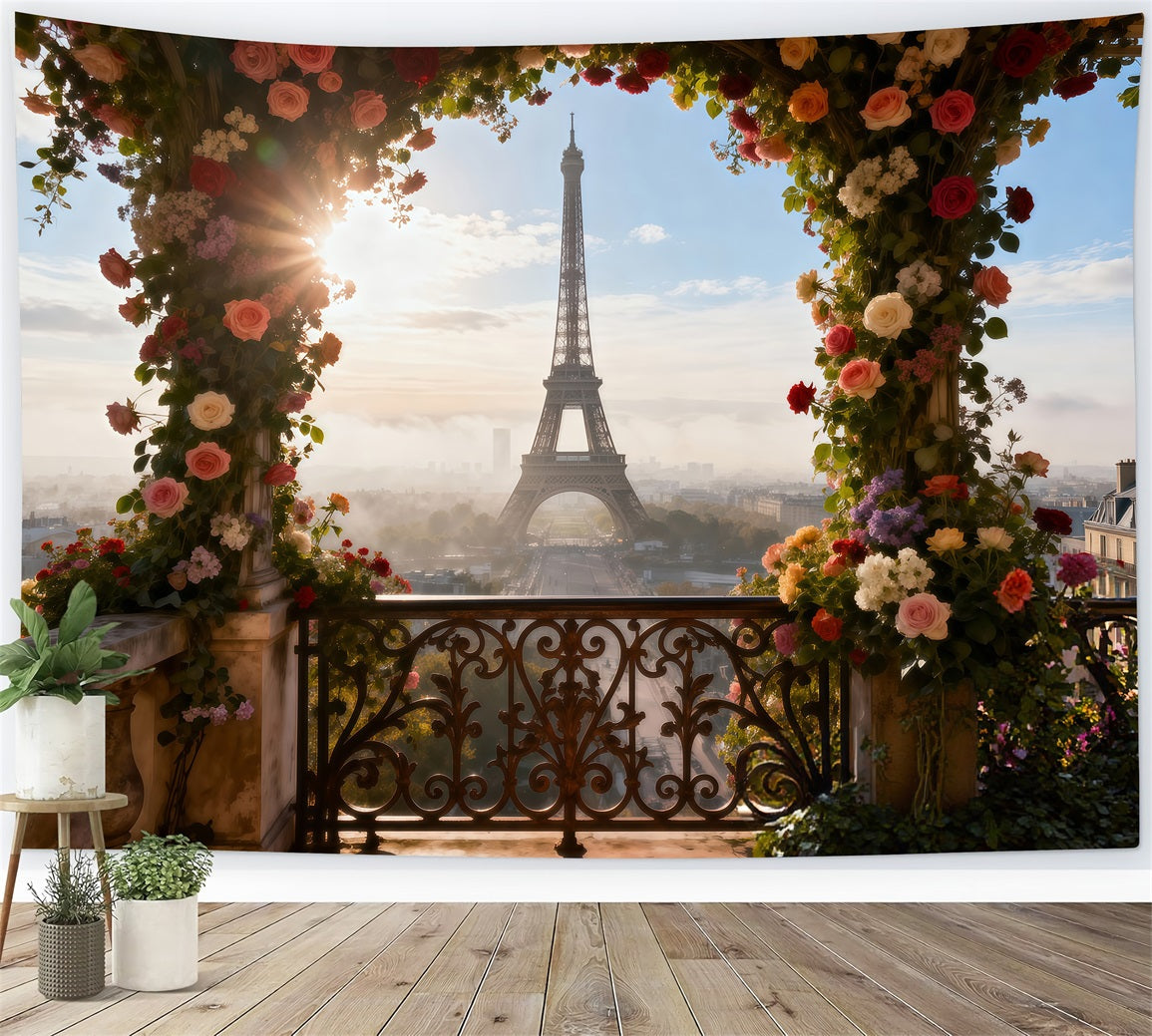 Toile de fond Photo Tour Eiffel Terrasse Arche Florale Baignée De Soleil RR61-55