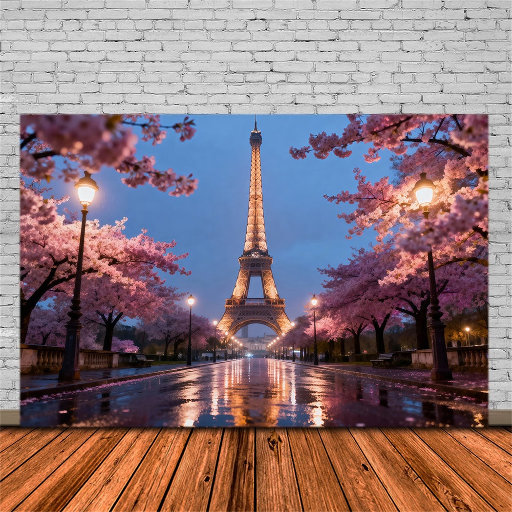 Toile de fond Tour Eiffel Promenade Soir Fleurs Cerisier RR61-57