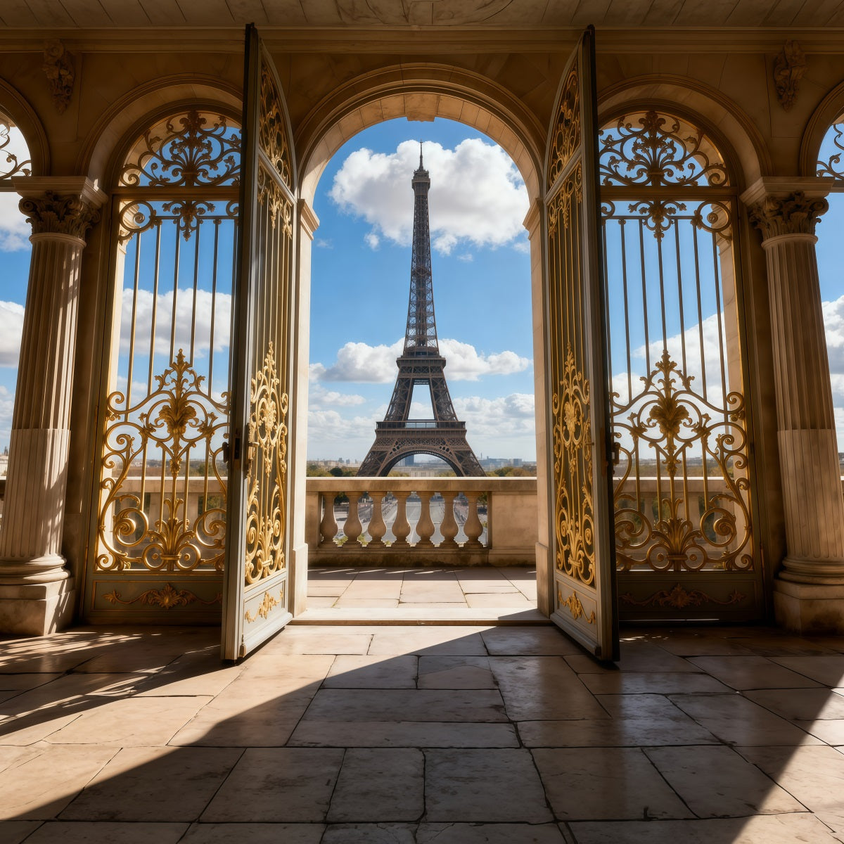 Fond Studio Photo Tour Eiffel Balcon Arche Palais Doré Vue RR61-62