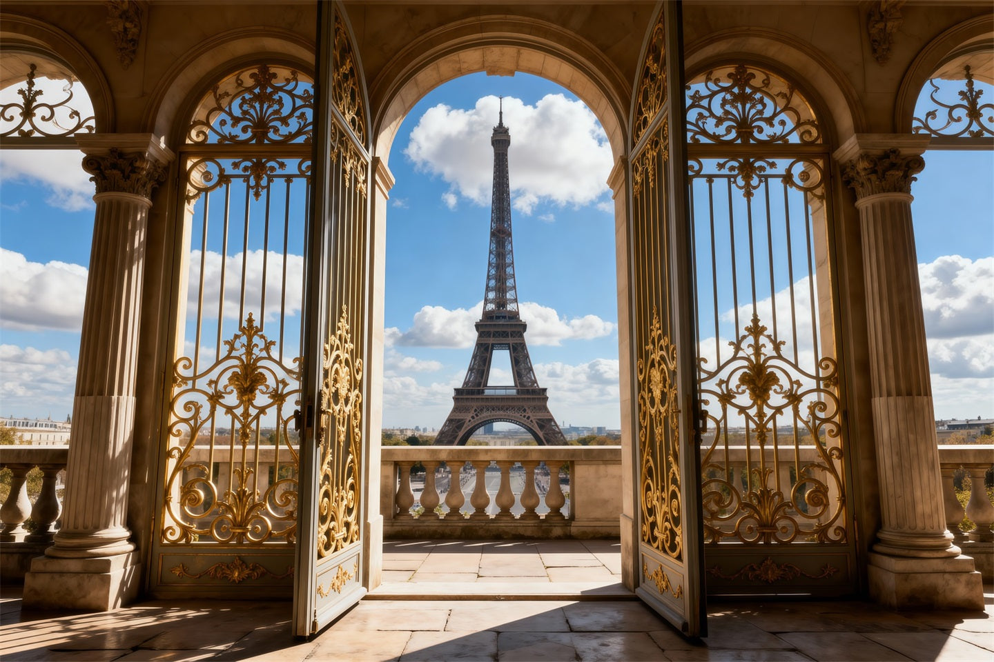 Fond Studio Photo Tour Eiffel Balcon Arche Palais Doré Vue RR61-62