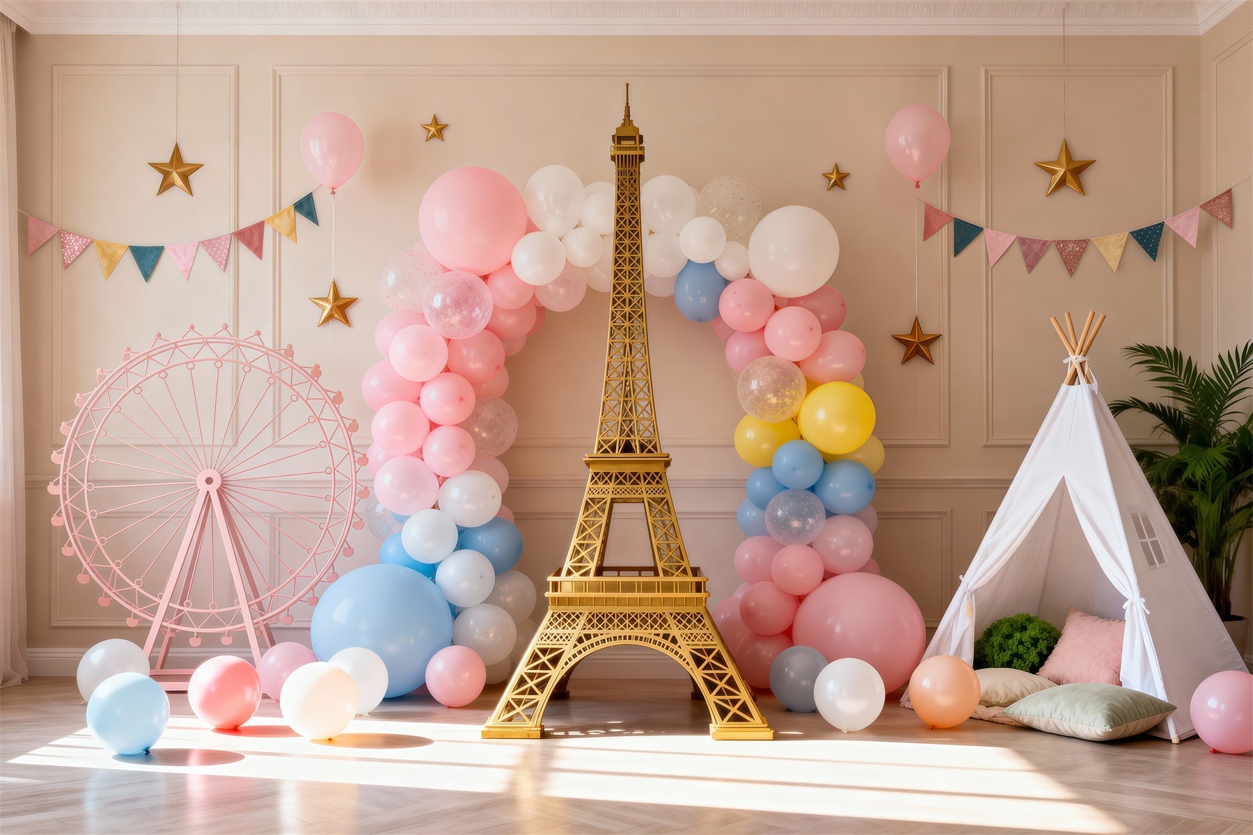 Toile de fond Photo Tour Eiffel Fête Ballons Pastel Fantaisie RR61-63