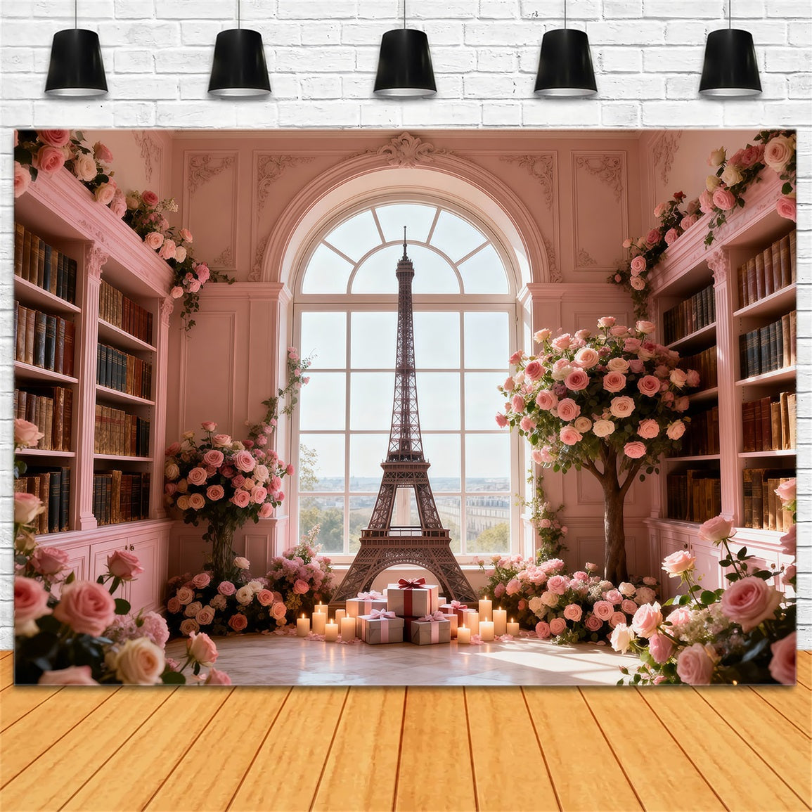 Fond Photo Tour Eiffel Fenêtre Bibliothèque Roses Romance RR61-64