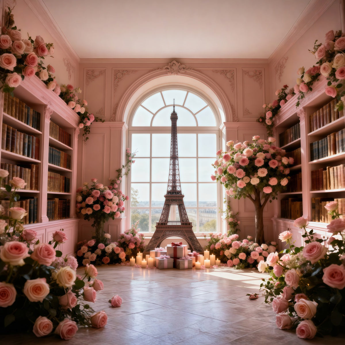 Fond Photo Tour Eiffel Fenêtre Bibliothèque Roses Romance RR61-64