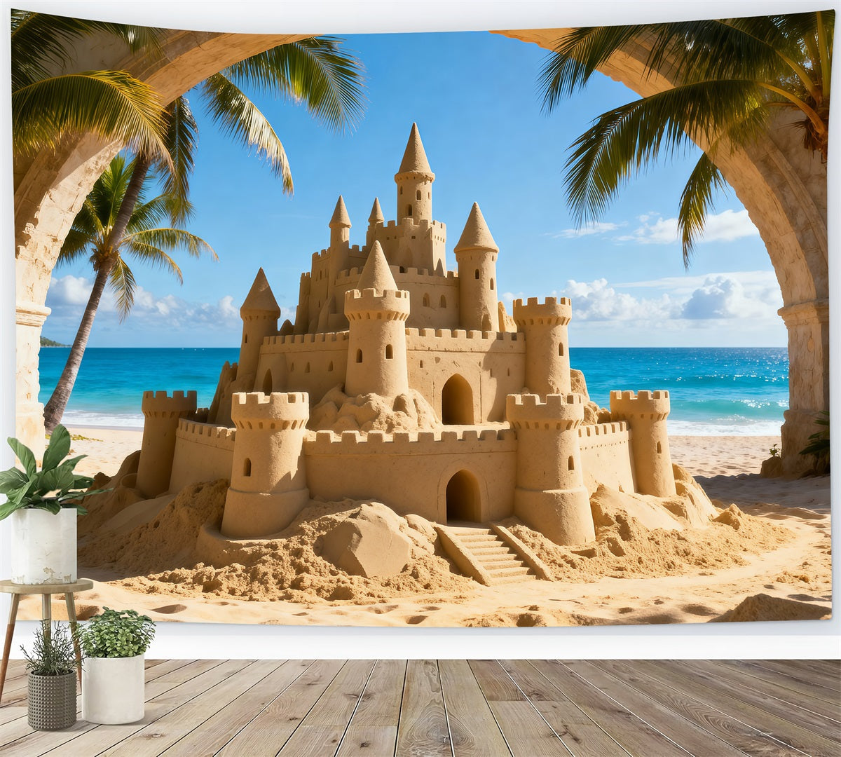 Toile de fond Mer Château Sable Tropical Vue Océan RR61-7