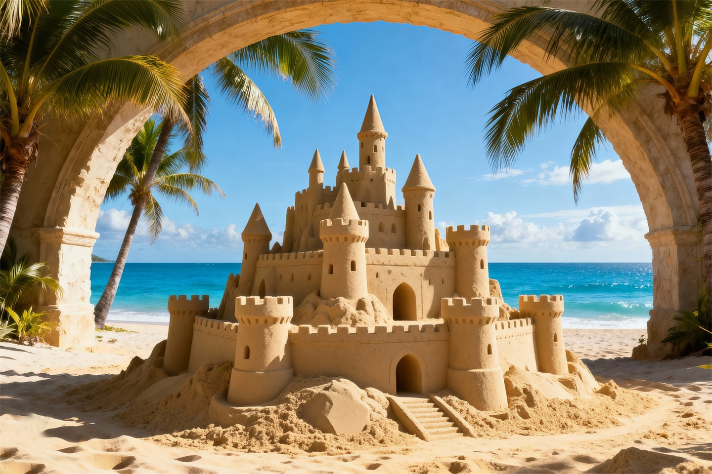 Toile de fond Mer Château Sable Tropical Vue Océan RR61-7