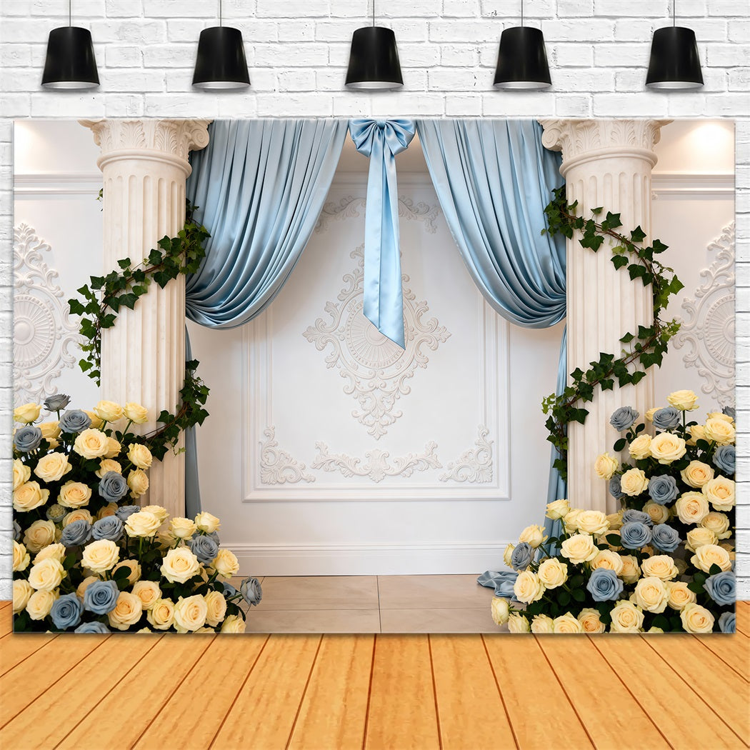 Toile de Fond Mariage Printanier Colonnes De Roses Drapées Bleues Élégance RR62-10