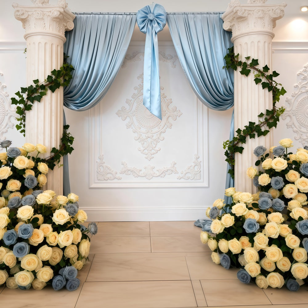 Toile de Fond Mariage Printanier Colonnes De Roses Drapées Bleues Élégance RR62-10