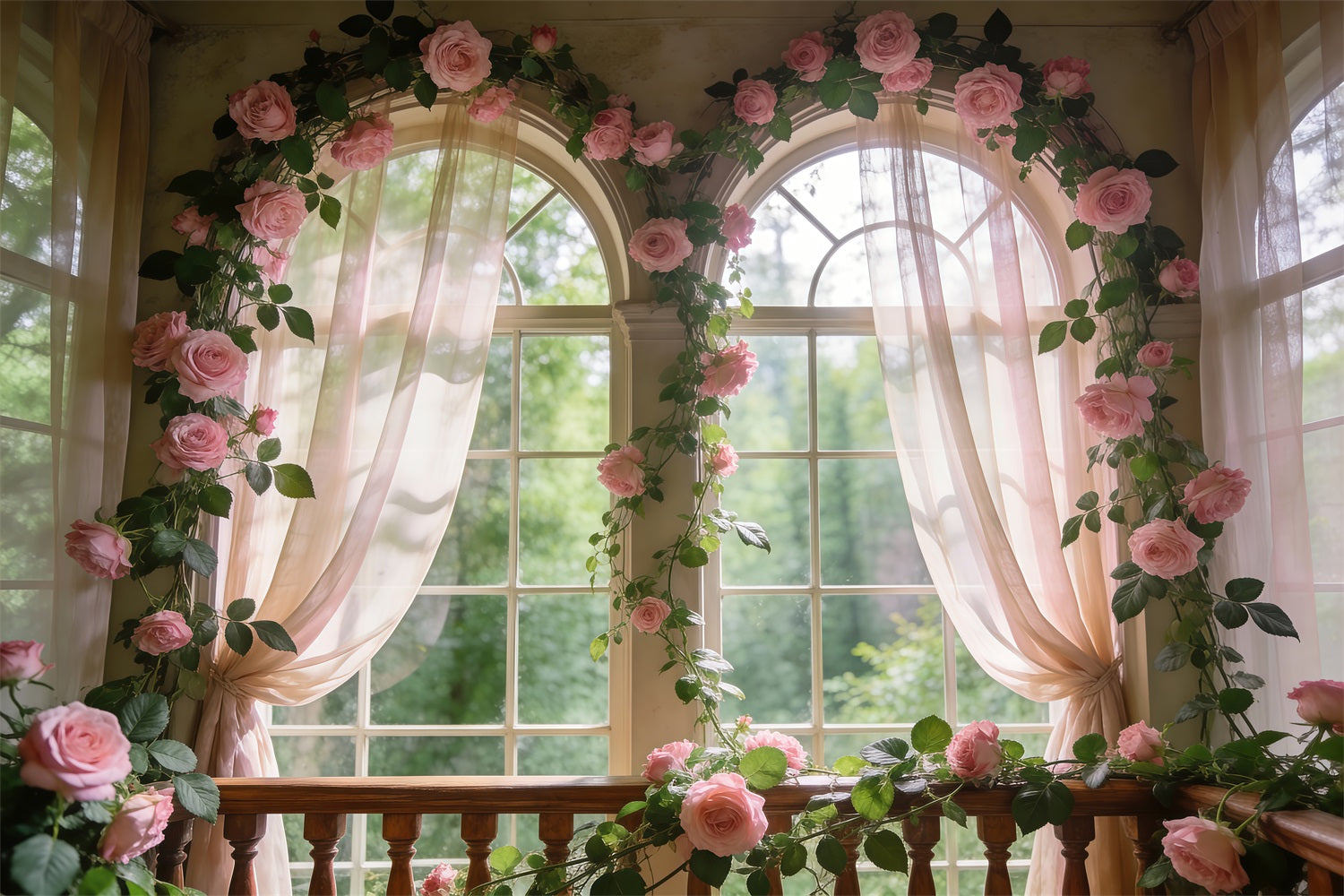 Fond Studio Roseraie Fenêtre Florale Rose Doux Lueur RR62-12